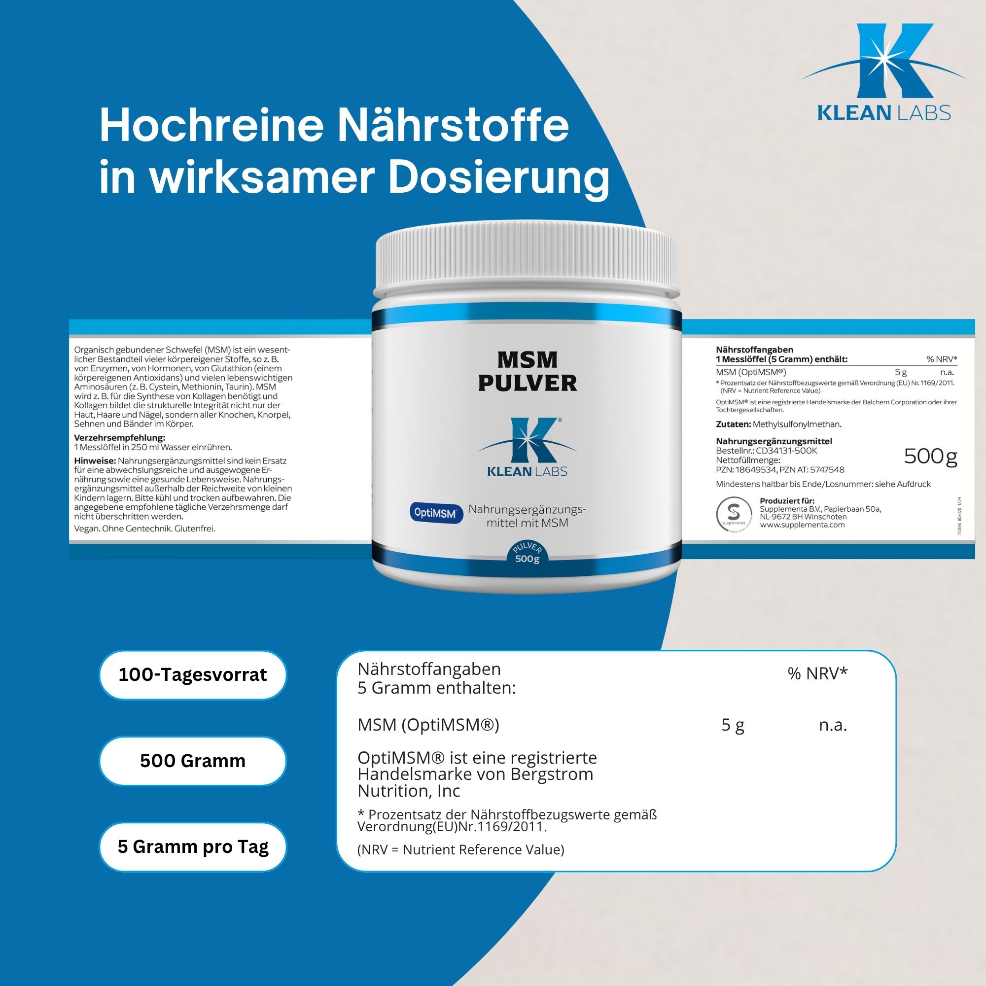 Produktfoto: Ein weißer Behälter mit blauem Etikett, das Text über organisch gebundenen Schwefel (MSM) enthält. Der Text beschreibt die Vorteile von MSM für Kollagenbildung und strukturelle Integrität. Es gibt Verzehrempfehlungen und Hinweise zur Lagerung. Der Behälter ist vegan, ohne Gentechnik und glutenfrei.