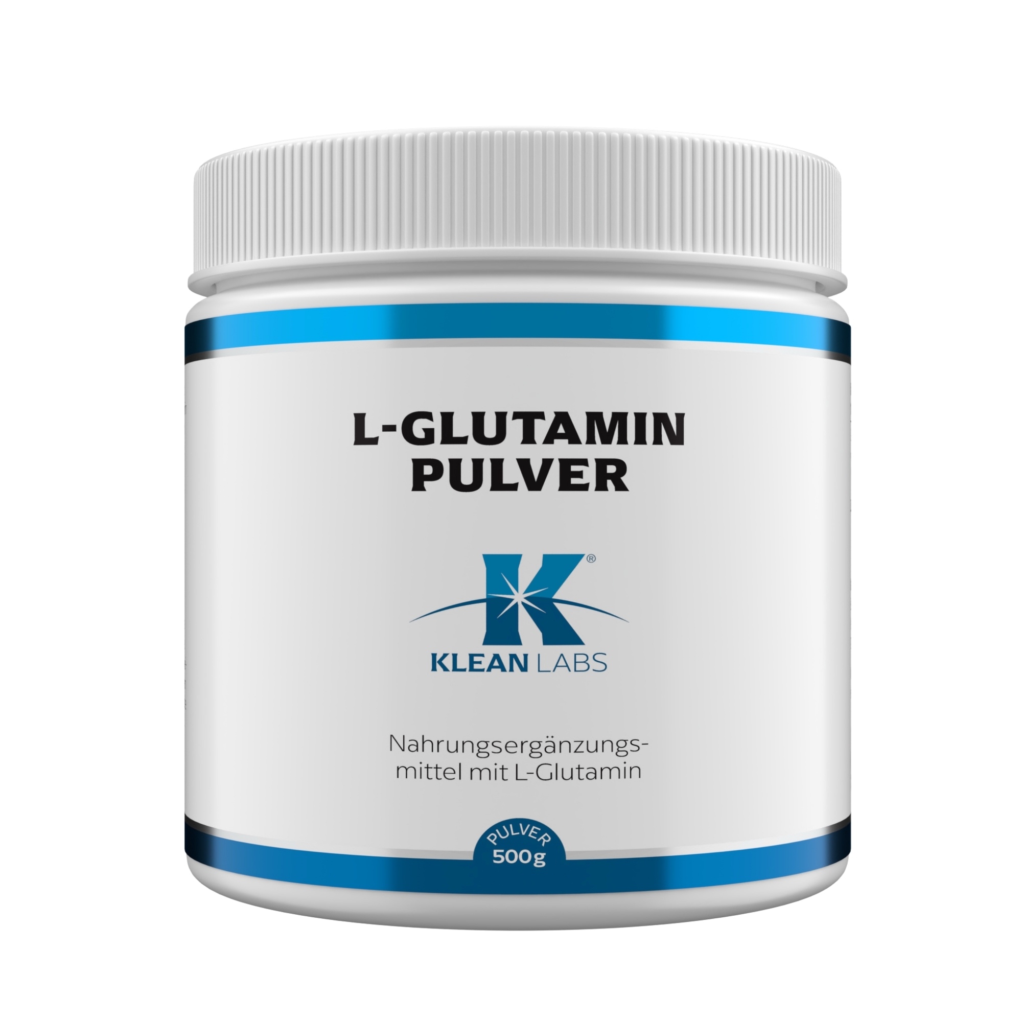 Produktfoto: Das Bild zeigt eine weiße Plastikdose mit einem Schraubdeckel. Auf der Vorderseite steht in schwarzer Schrift 'L-Glutamin Pulver'. Darunter befindet sich das Logo von Klean Labs. Der Text informiert über die Qualität von Kyowa und dass es sich um ein Nahrungsergänzungsmittel mit L-Glutamin handelt. Die Dose enthält 500g Pulver.
