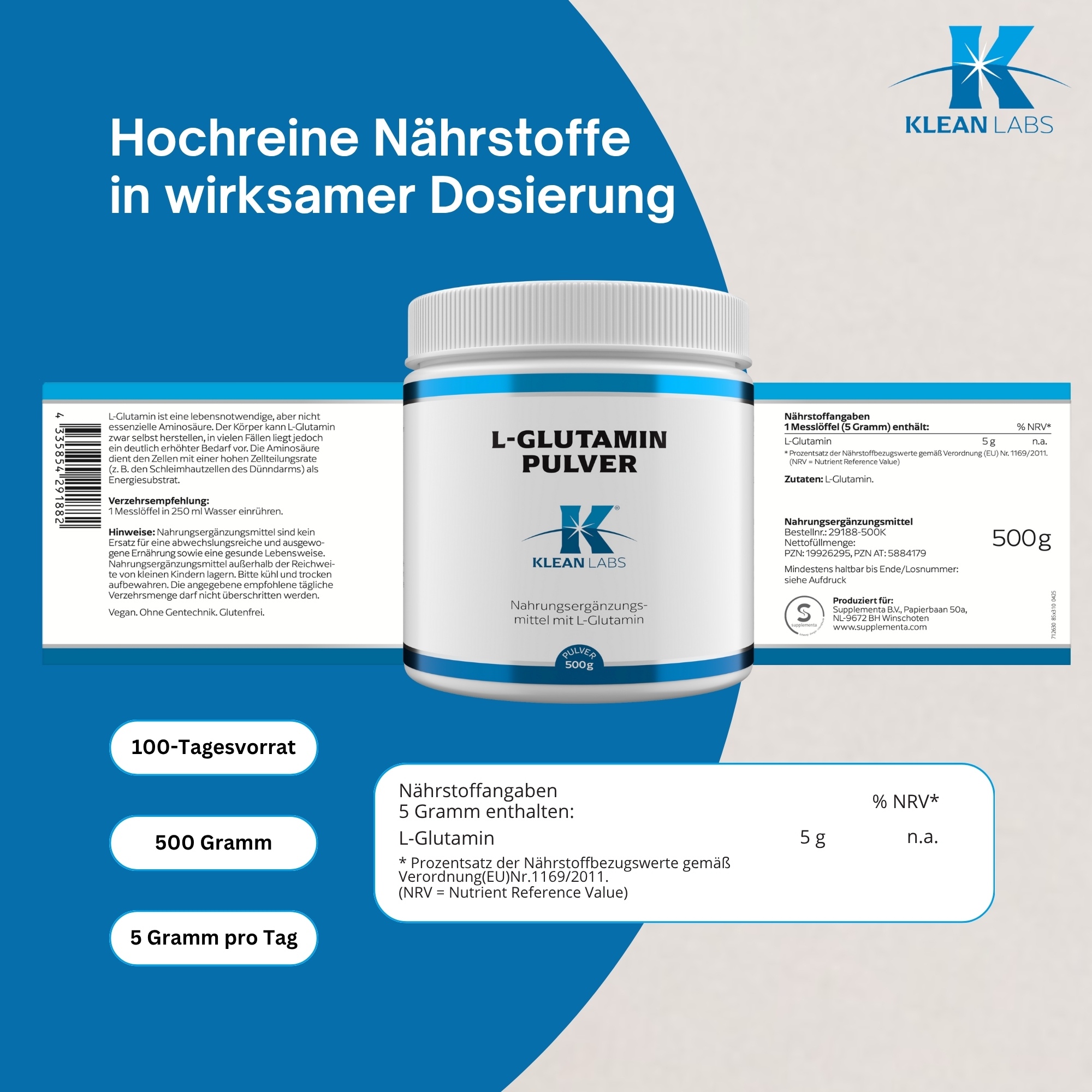 Produktfoto: Das Bild zeigt eine weiße Plastikdose mit einem Schraubdeckel. Auf der Vorderseite steht in schwarzer Schrift 'L-Glutamin Pulver'. Darunter befindet sich das Logo von Klean Labs. Der Text informiert über die Qualität von Kyowa und dass es sich um ein Nahrungsergänzungsmittel mit L-Glutamin handelt. Die Dose enthält 500g Pulver.