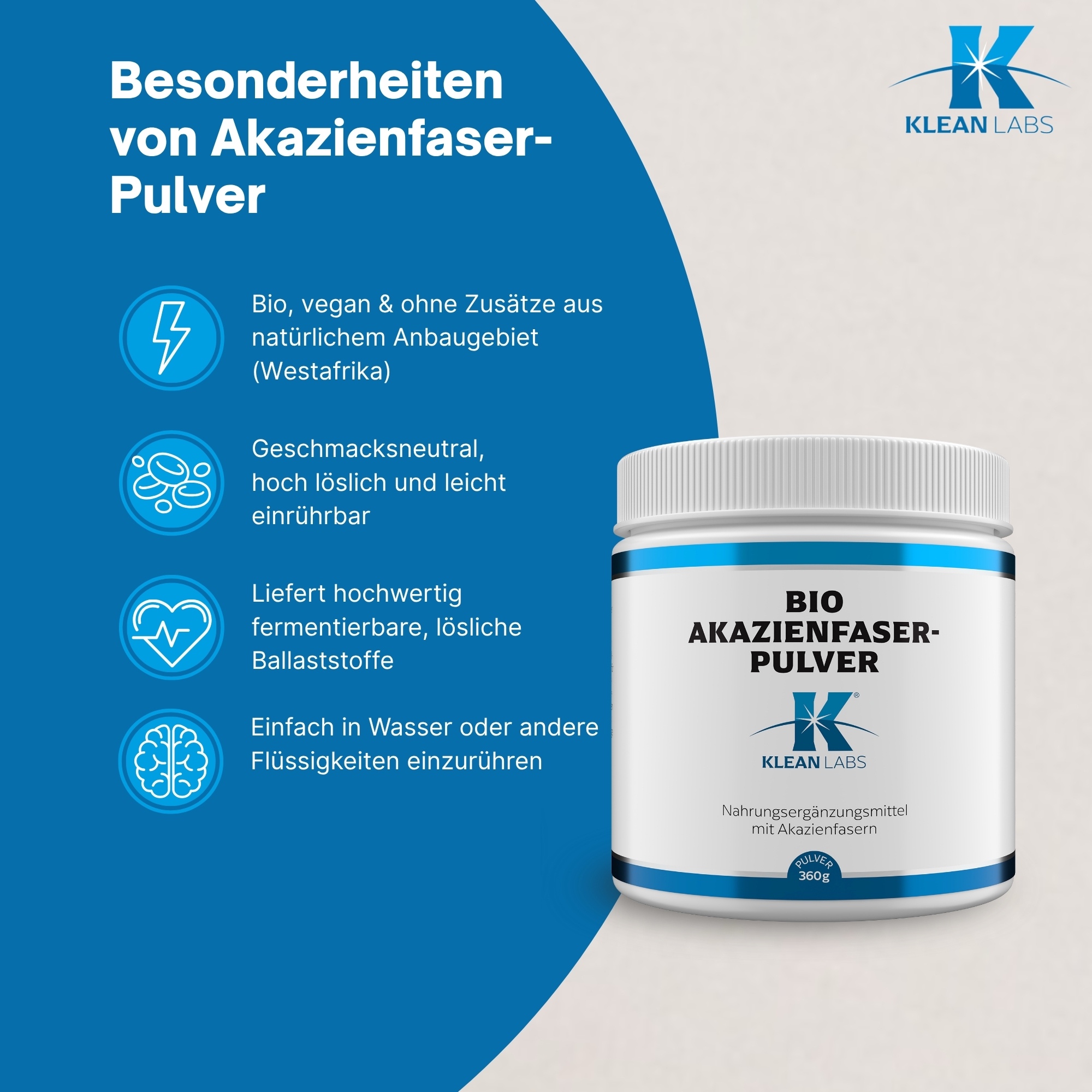 Produktfoto: Etikett eines Nahrungsergänzungsmittels mit Verzehrempfehlung: 3x täglich 1 EL in Wasser. Hinweise zu Schwangerschaft, Lagerung und veganem, glutenfreiem Produkt.