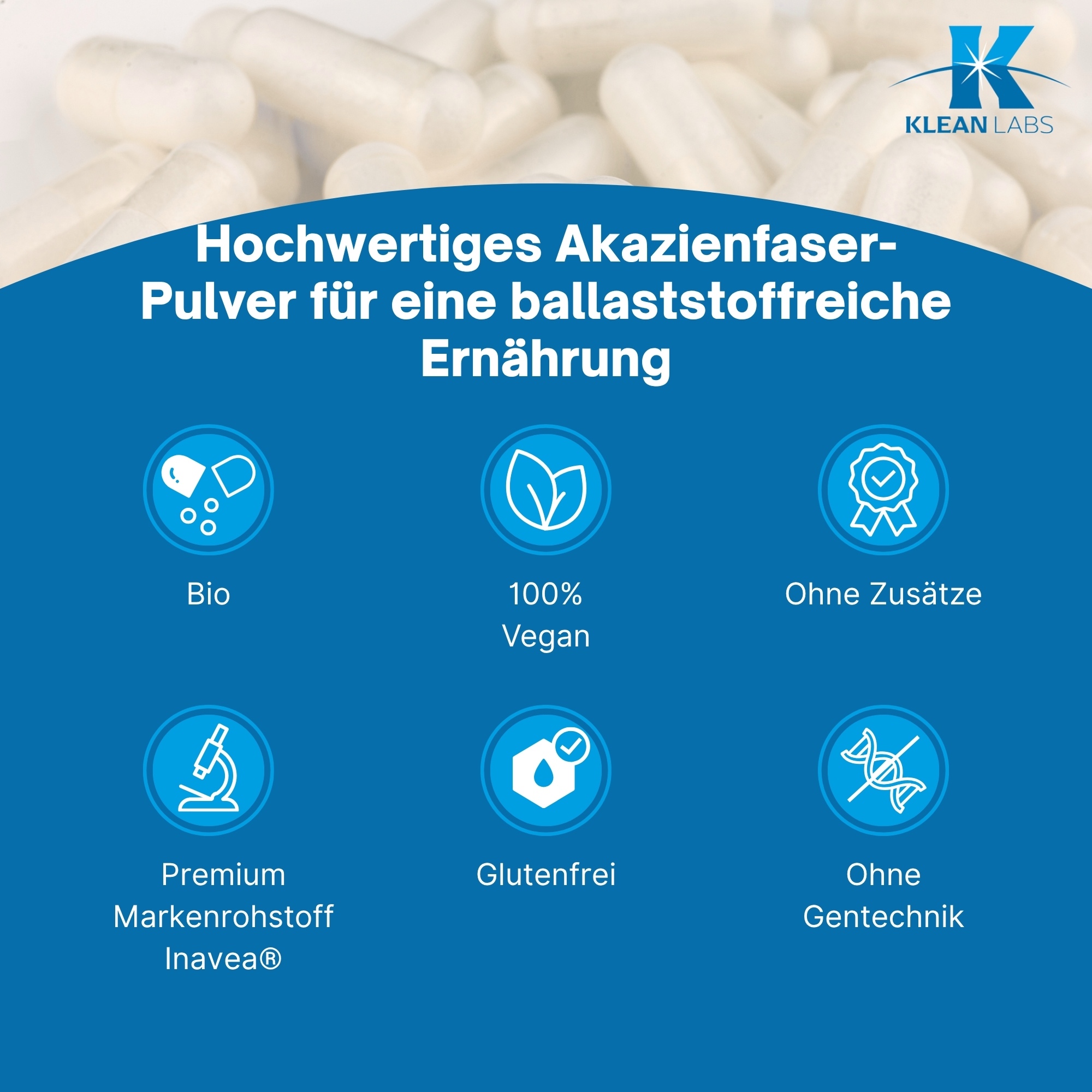 Produktfoto: Etikett eines Nahrungsergänzungsmittels mit Verzehrempfehlung: 3x täglich 1 EL in Wasser. Hinweise zu Schwangerschaft, Lagerung und veganem, glutenfreiem Produkt.