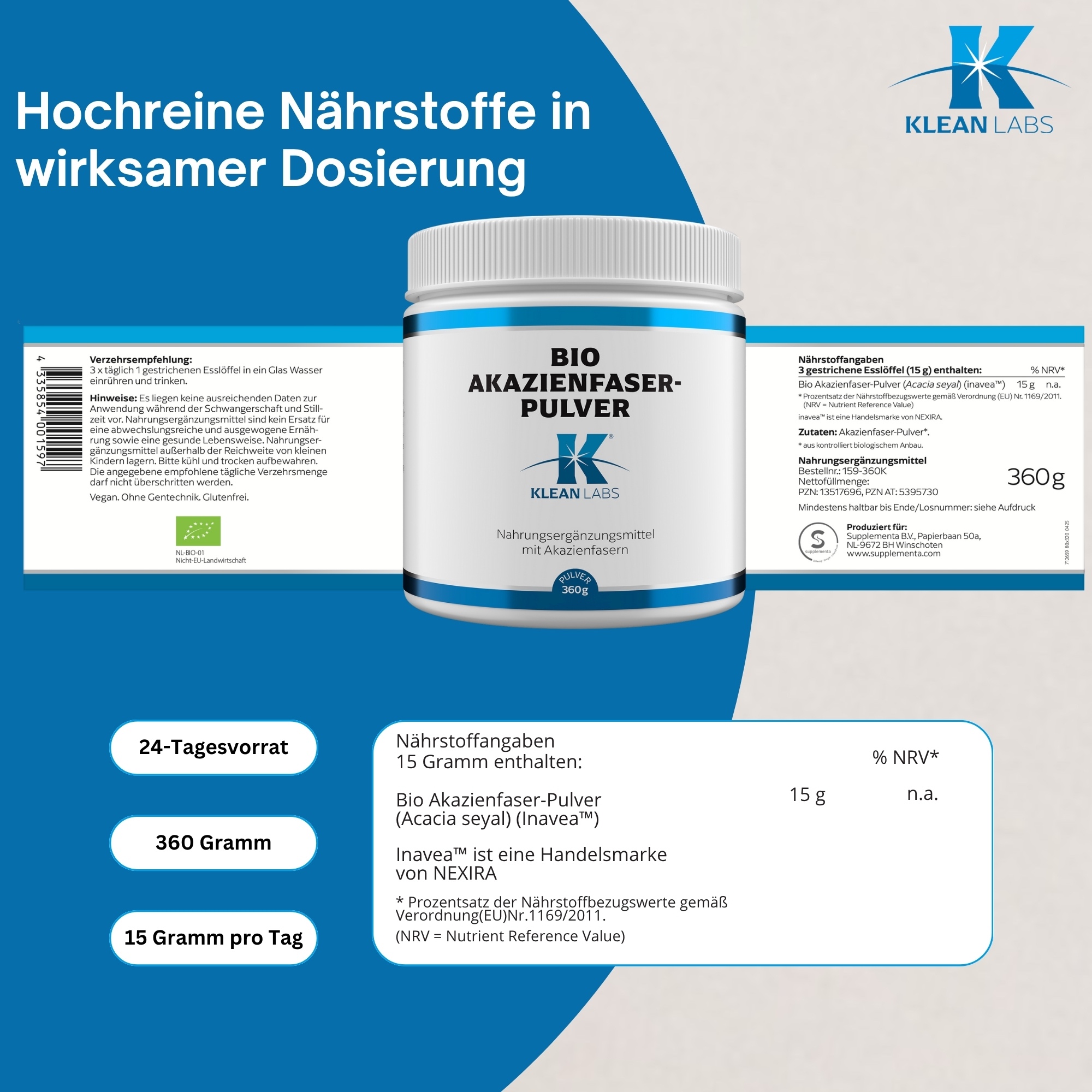 Produktfoto: Etikett eines Nahrungsergänzungsmittels mit Verzehrempfehlung: 3x täglich 1 EL in Wasser. Hinweise zu Schwangerschaft, Lagerung und veganem, glutenfreiem Produkt.