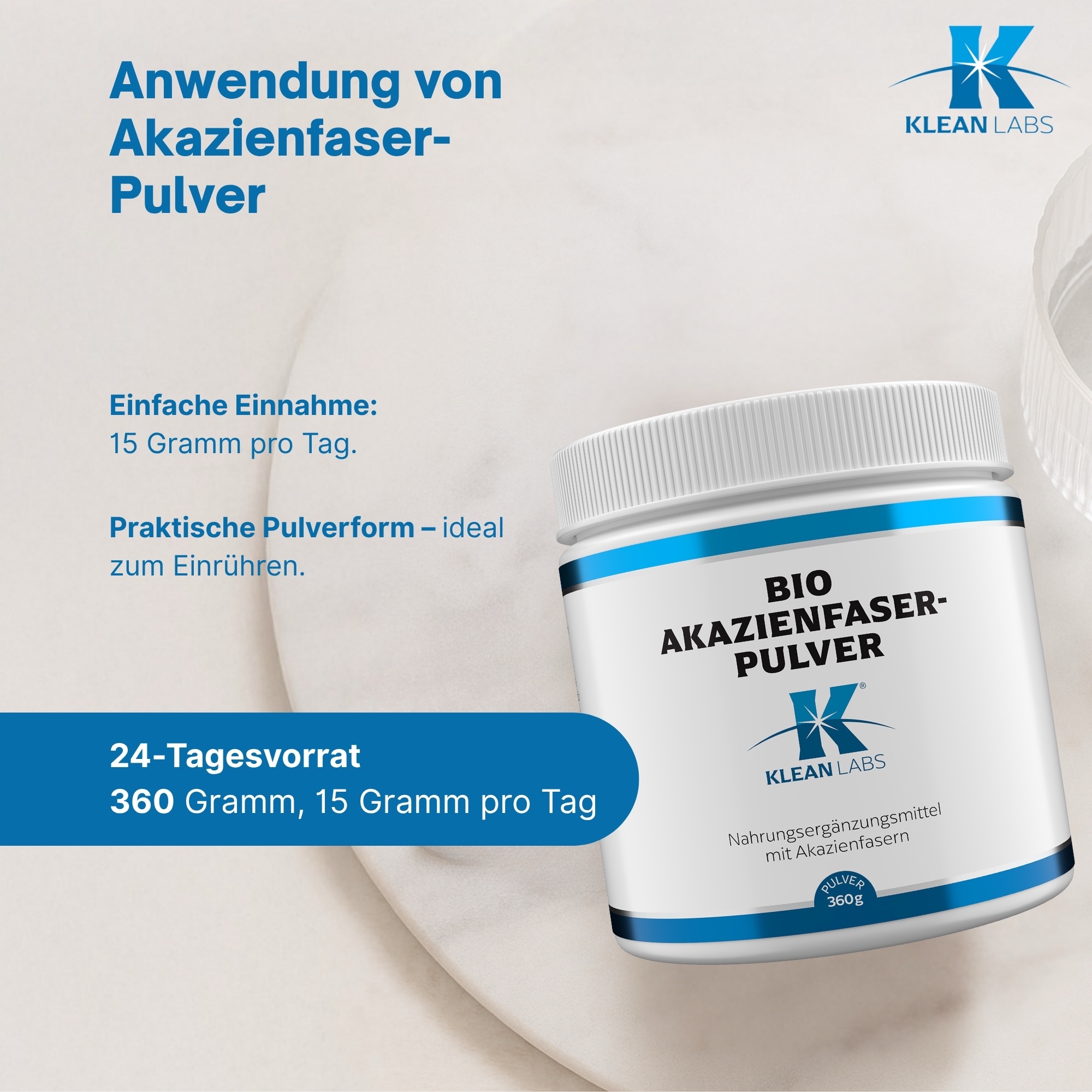 Produktfoto: Etikett eines Nahrungsergänzungsmittels mit Verzehrempfehlung: 3x täglich 1 EL in Wasser. Hinweise zu Schwangerschaft, Lagerung und veganem, glutenfreiem Produkt.