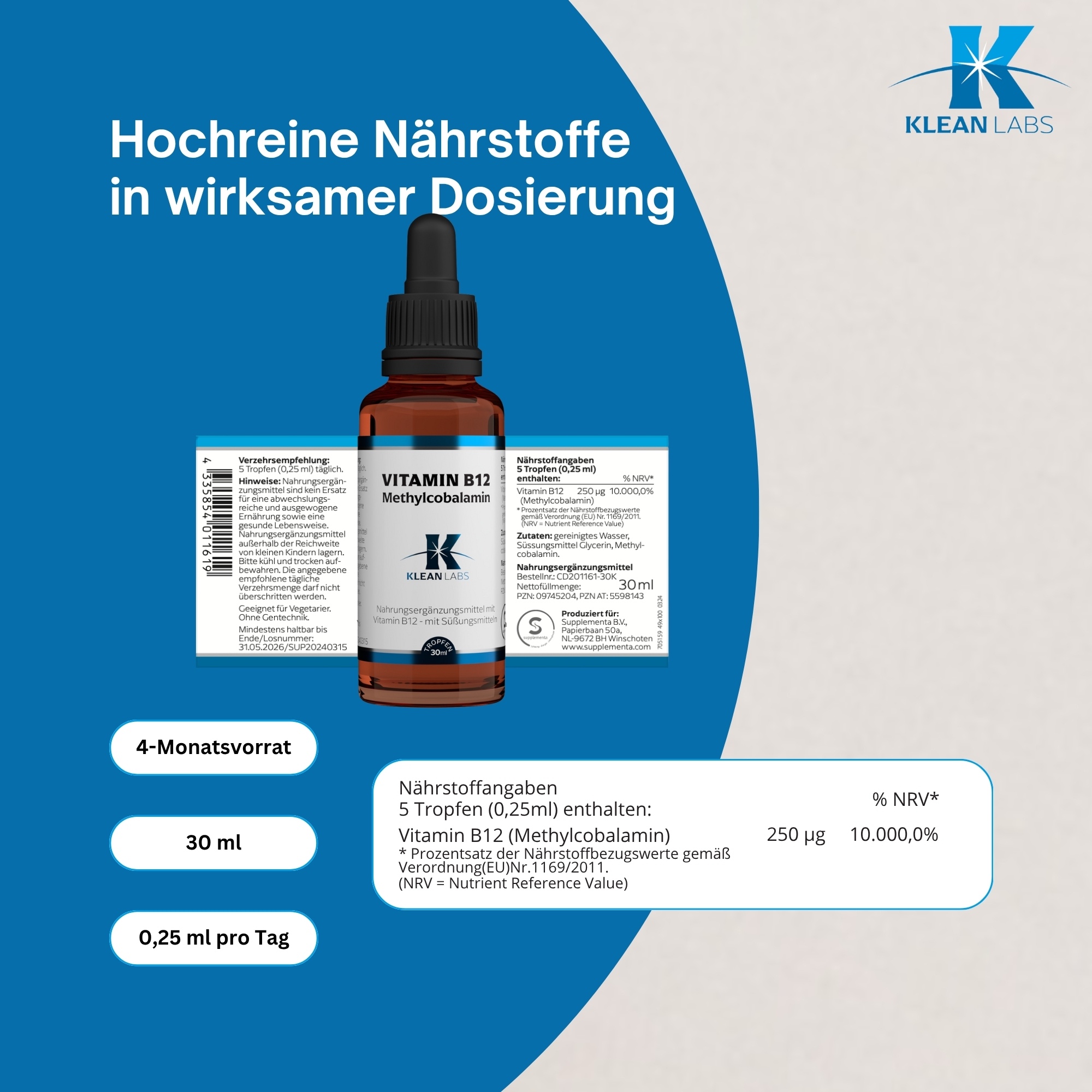 Produktfoto: Das Bild zeigt eine braune Glasflasche mit Pipette, die ein Nahrungsergänzungsmittel enthält. Die Vorderseite der Flasche hat ein Etikett mit Informationen zu Vitamin B12, einschließlich Dosierung und Inhaltsstoffen. Die Flasche steht aufrecht vor einem weißen Hintergrund.