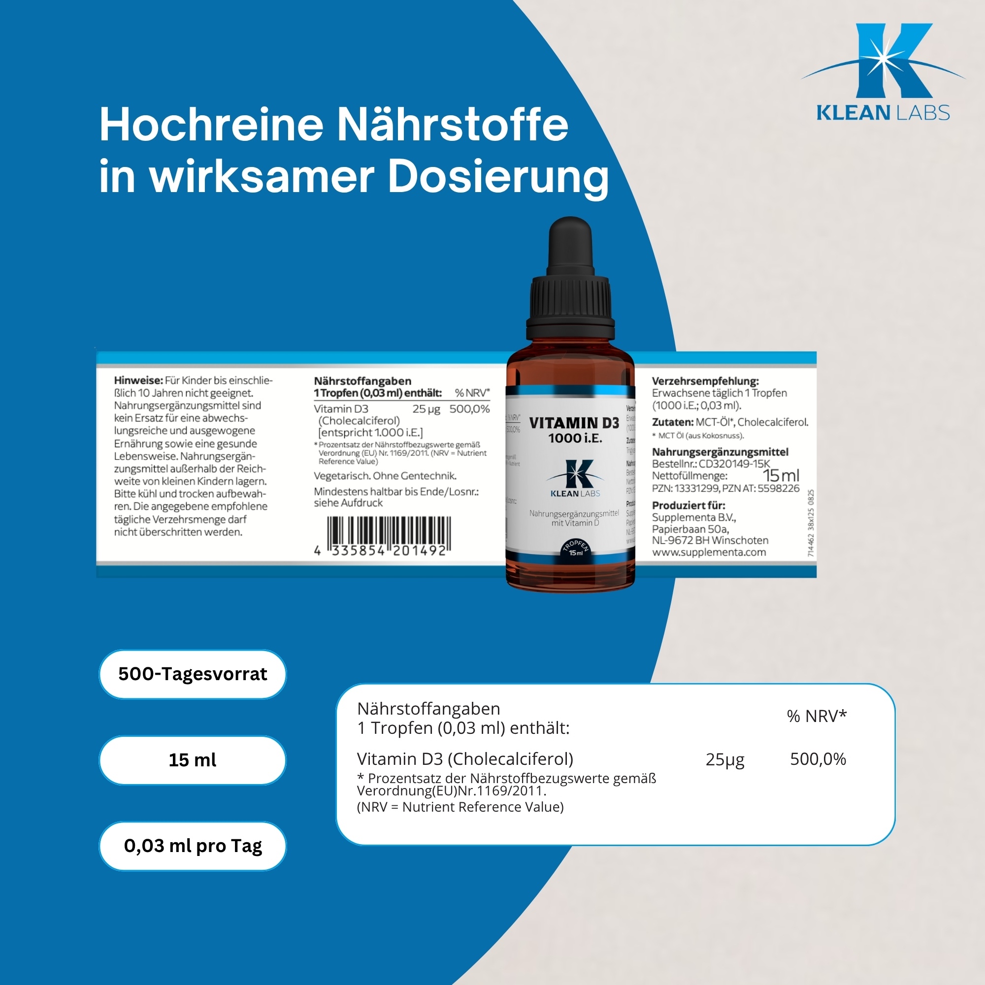 Produktfoto: Eine kleine, braune Glasflasche mit schwarzem Tropfverschluss. Auf der Flasche ist ein Etikett mit der Aufschrift “Verzehrempfehlung: Erwachsene täglich 1 Tropfen (1000 I.E., 0,03 ml)“ und Informationen zu einem Nahrungsergänzungsmittel. Die Flasche enthält 15 ml Flüssigkeit und wird in Winschoten, Niederlande, produziert.