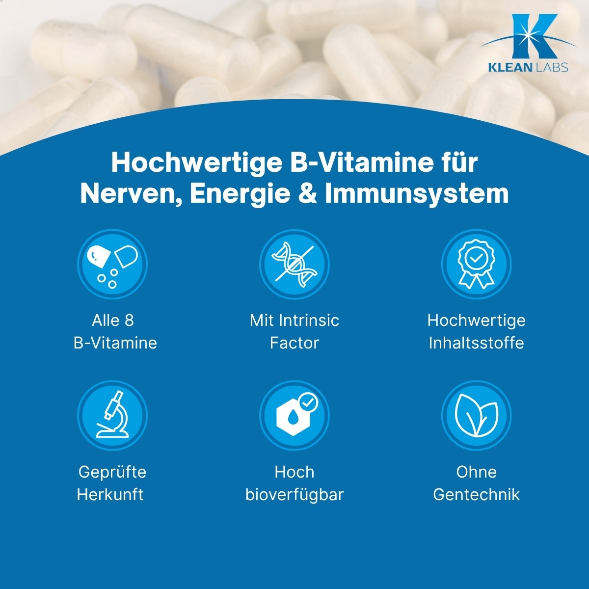 Produktfoto: Eine weiße Plastikflasche mit einem blauen Etikett. Auf dem Etikett steht “B-COMPLEX mit Methylfolat und Intrinsic Factor“. Darunter ist das Logo von KLEAN LABS zu sehen. Die Flasche enthält Nahrungsergänzungsmittel mit B-Vitaminen.