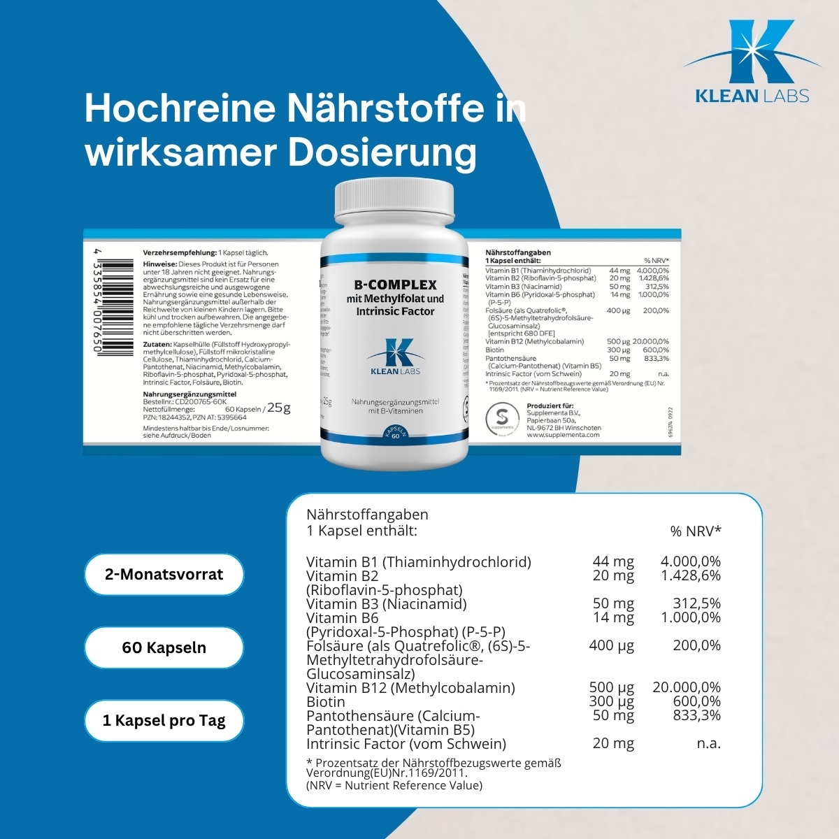 Produktfoto: Eine weiße Plastikflasche mit einem blauen Etikett. Auf dem Etikett steht “B-COMPLEX mit Methylfolat und Intrinsic Factor“. Darunter ist das Logo von KLEAN LABS zu sehen. Die Flasche enthält Nahrungsergänzungsmittel mit B-Vitaminen.