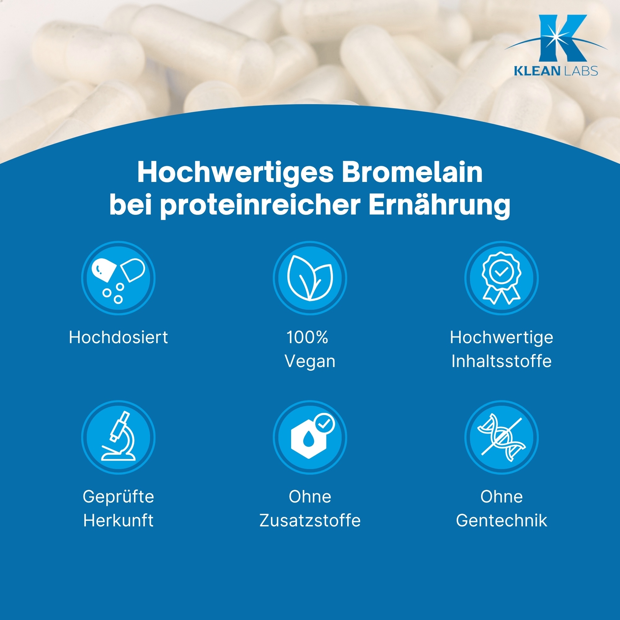Produktfoto: Eine weiße Plastikflasche mit einem blauen Etikett und der Aufschrift “Bromelain 500 mg“ von Klean Labs. Die Flasche enthält Nahrungsergänzungsmittel mit Bromelain. Das Etikett zeigt das Logo von Klean Labs, einen blauen Buchstaben K mit einem stilisierten Stern. Die Flasche hat einen weißen Schraubverschluss und enthält 60 Kapseln.