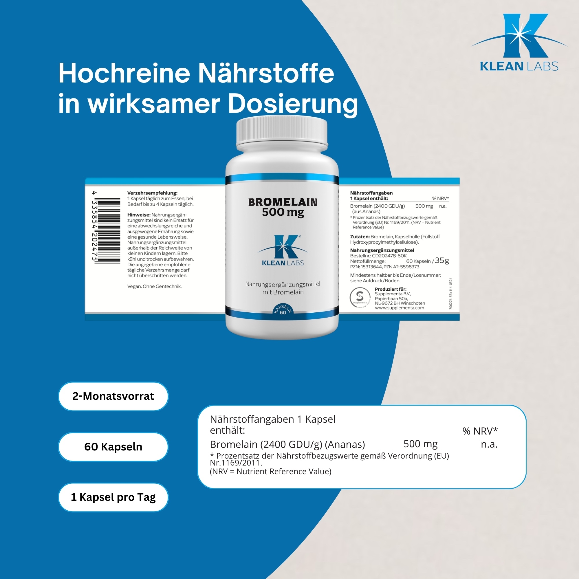 Produktfoto: Eine weiße Plastikflasche mit einem blauen Etikett und der Aufschrift “Bromelain 500 mg“ von Klean Labs. Die Flasche enthält Nahrungsergänzungsmittel mit Bromelain. Das Etikett zeigt das Logo von Klean Labs, einen blauen Buchstaben K mit einem stilisierten Stern. Die Flasche hat einen weißen Schraubverschluss und enthält 60 Kapseln.