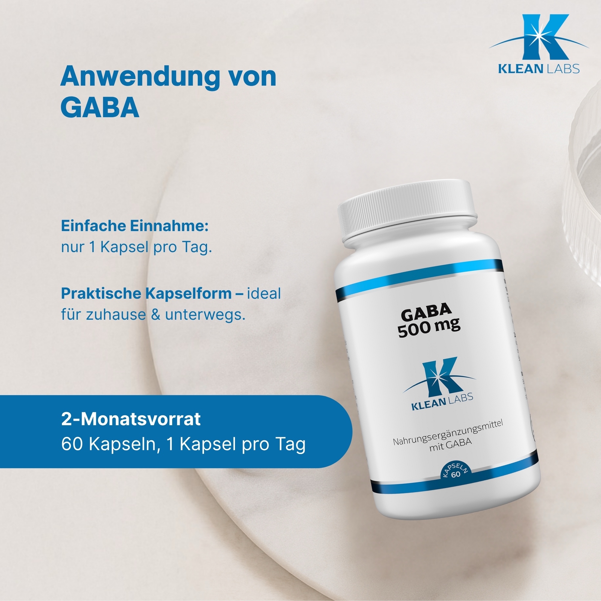 Produktfoto: Eine weiße Flasche mit blauem Etikett, auf dem 'GABA 500 mg' steht. Darunter das Logo von Klean Labs. Die Flasche enthält Nahrungsergänzungsmittel mit GABA.