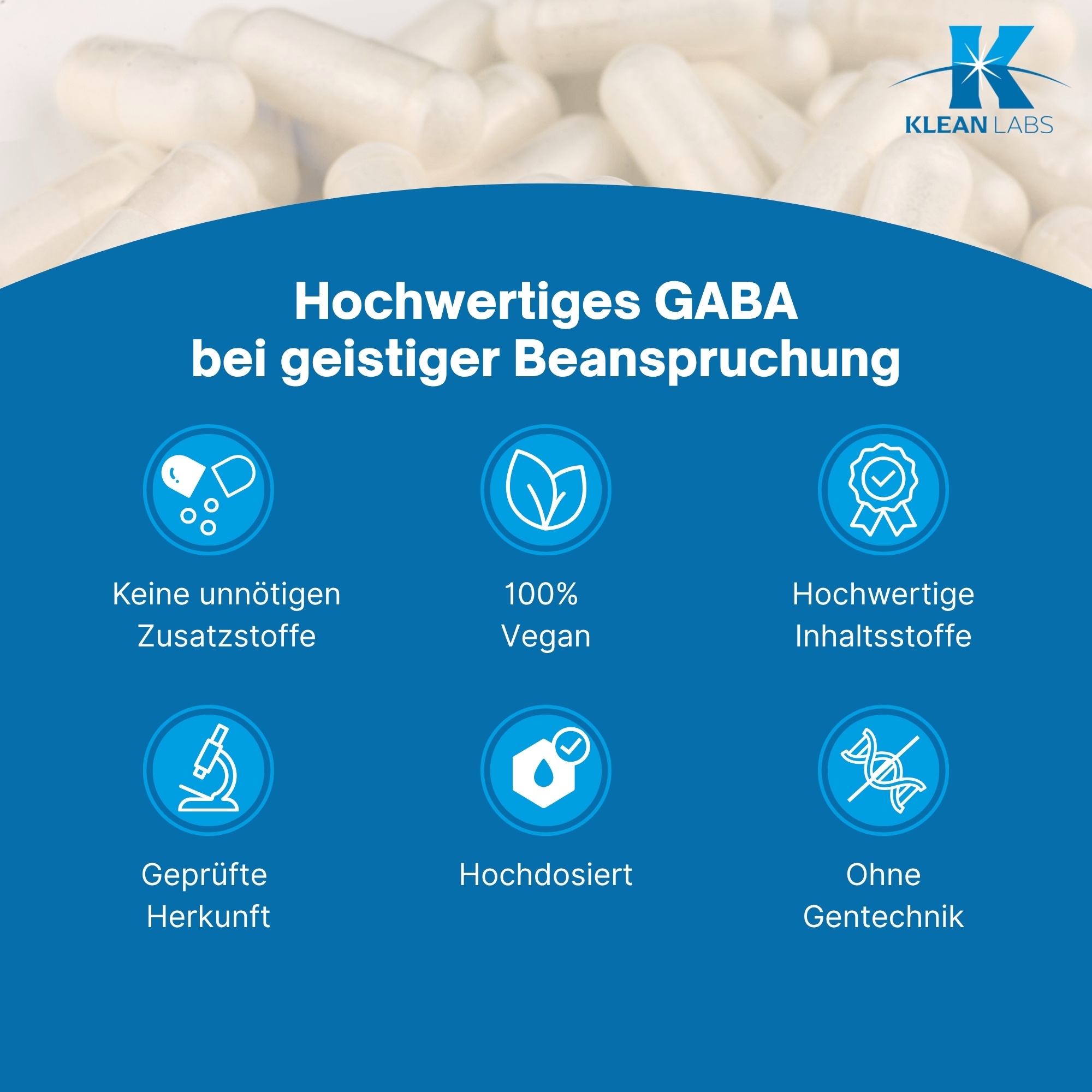 Produktfoto: Eine weiße Flasche mit blauem Etikett, auf dem 'GABA 500 mg' steht. Darunter das Logo von Klean Labs. Die Flasche enthält Nahrungsergänzungsmittel mit GABA.