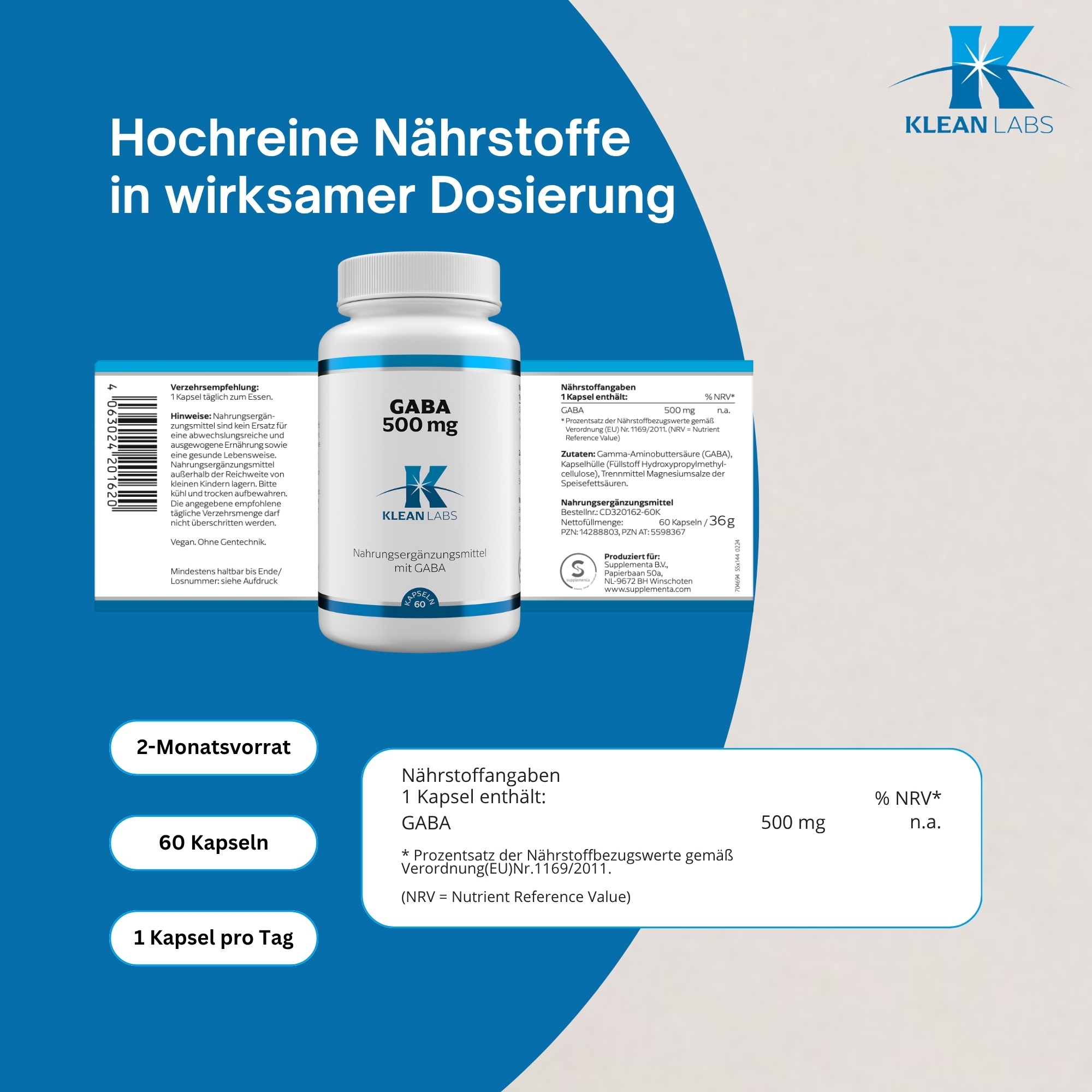 Produktfoto: Eine weiße Flasche mit blauem Etikett, auf dem 'GABA 500 mg' steht. Darunter das Logo von Klean Labs. Die Flasche enthält Nahrungsergänzungsmittel mit GABA.