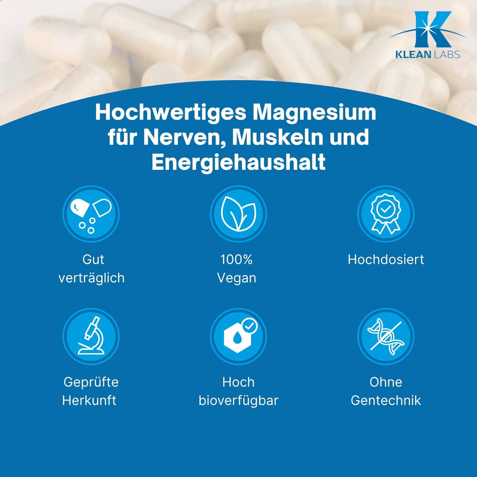 Produktfoto: Eine weiße Kunststoffflasche mit blauem Etikett, auf dem “MAGNESIUM-BISGLYCINAT“ und “KLEAN LABS“ steht. Die Flasche enthält 120 Kapseln eines Nahrungsergänzungsmittels mit Magnesium.