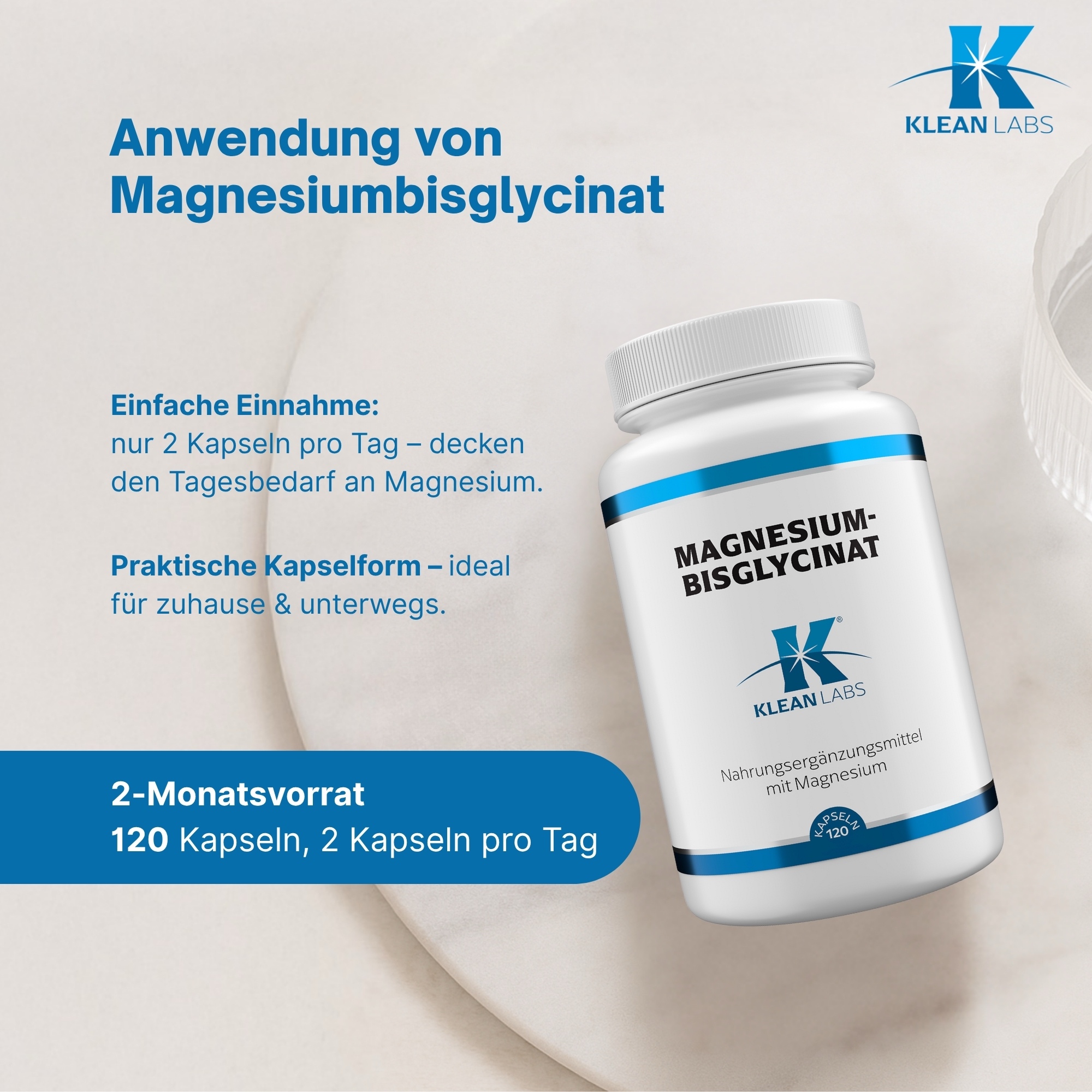 Produktfoto: Eine weiße Kunststoffflasche mit blauem Etikett, auf dem “MAGNESIUM-BISGLYCINAT“ und “KLEAN LABS“ steht. Die Flasche enthält 120 Kapseln eines Nahrungsergänzungsmittels mit Magnesium.