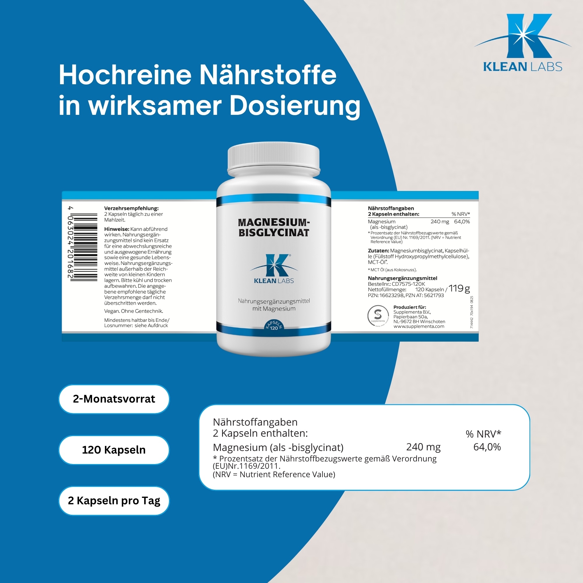 Produktfoto: Eine weiße Kunststoffflasche mit blauem Etikett, auf dem “MAGNESIUM-BISGLYCINAT“ und “KLEAN LABS“ steht. Die Flasche enthält 120 Kapseln eines Nahrungsergänzungsmittels mit Magnesium.