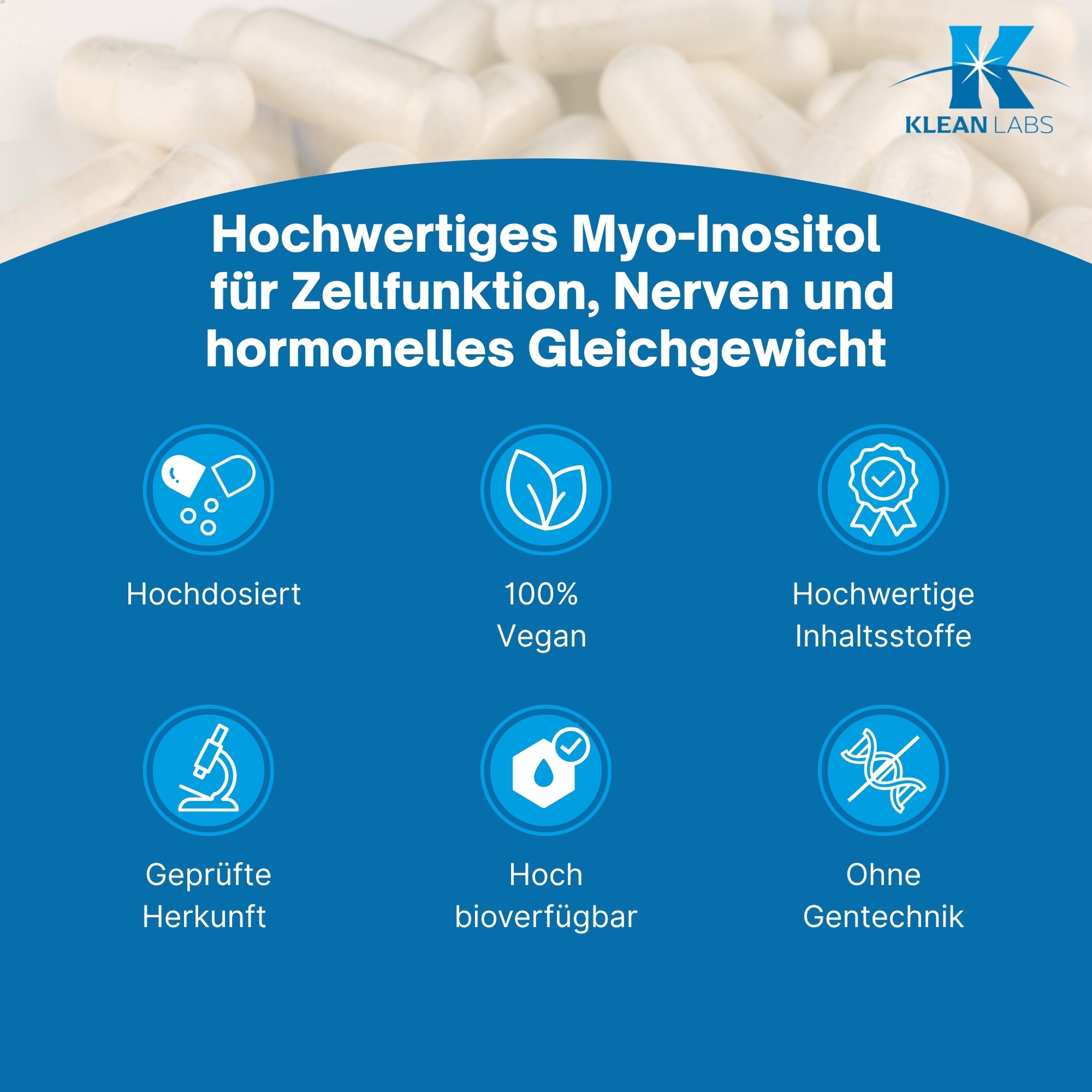 Produktfoto: Eine weiße Plastikflasche mit blauem Etikett, auf dem “MYO-INOSITOL 500 mg“ steht. Darunter das Logo “KLEAN LABS“. Die Flasche enthält Nahrungsergänzungsmittel.