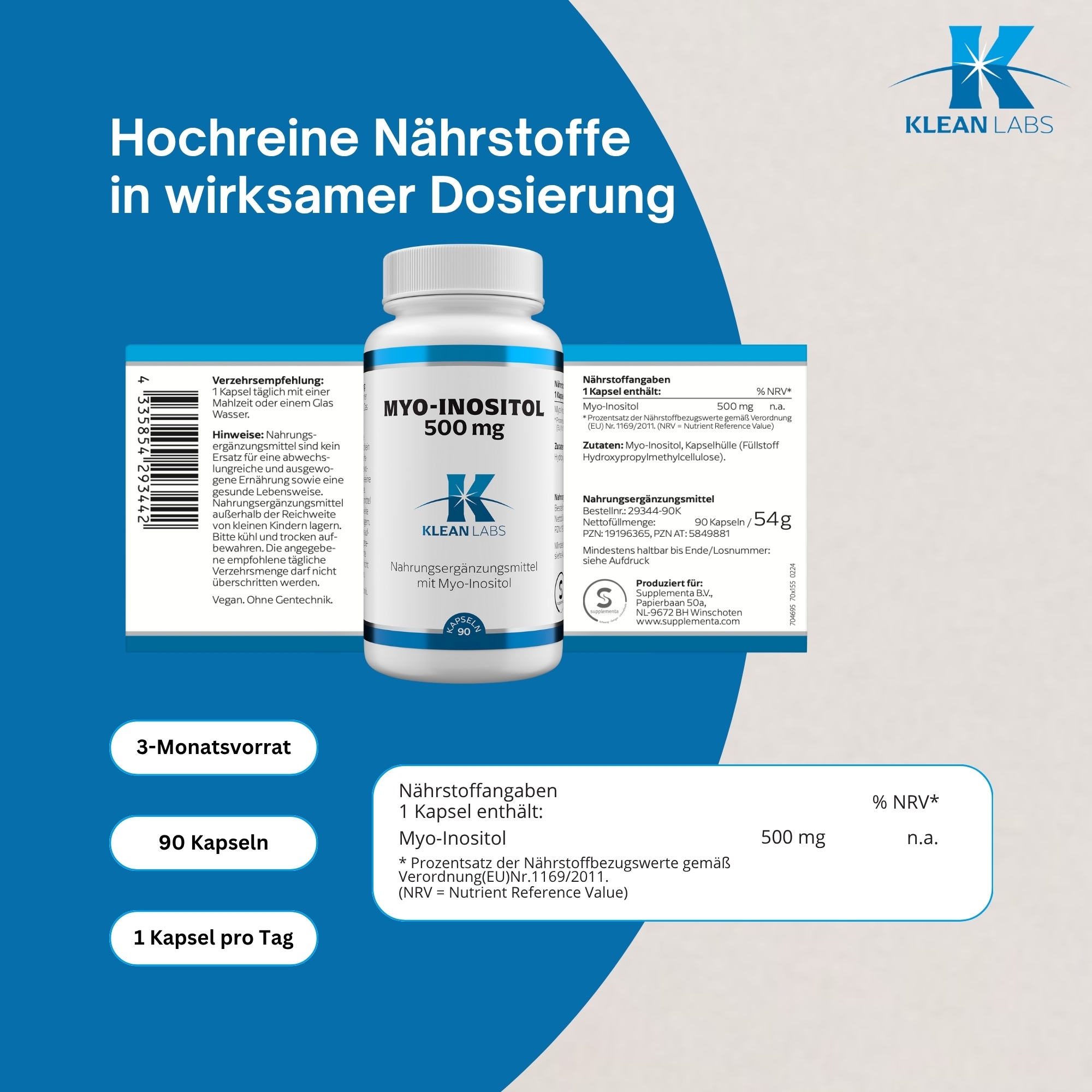 Produktfoto: Eine weiße Plastikflasche mit blauem Etikett, auf dem “MYO-INOSITOL 500 mg“ steht. Darunter das Logo “KLEAN LABS“. Die Flasche enthält Nahrungsergänzungsmittel.