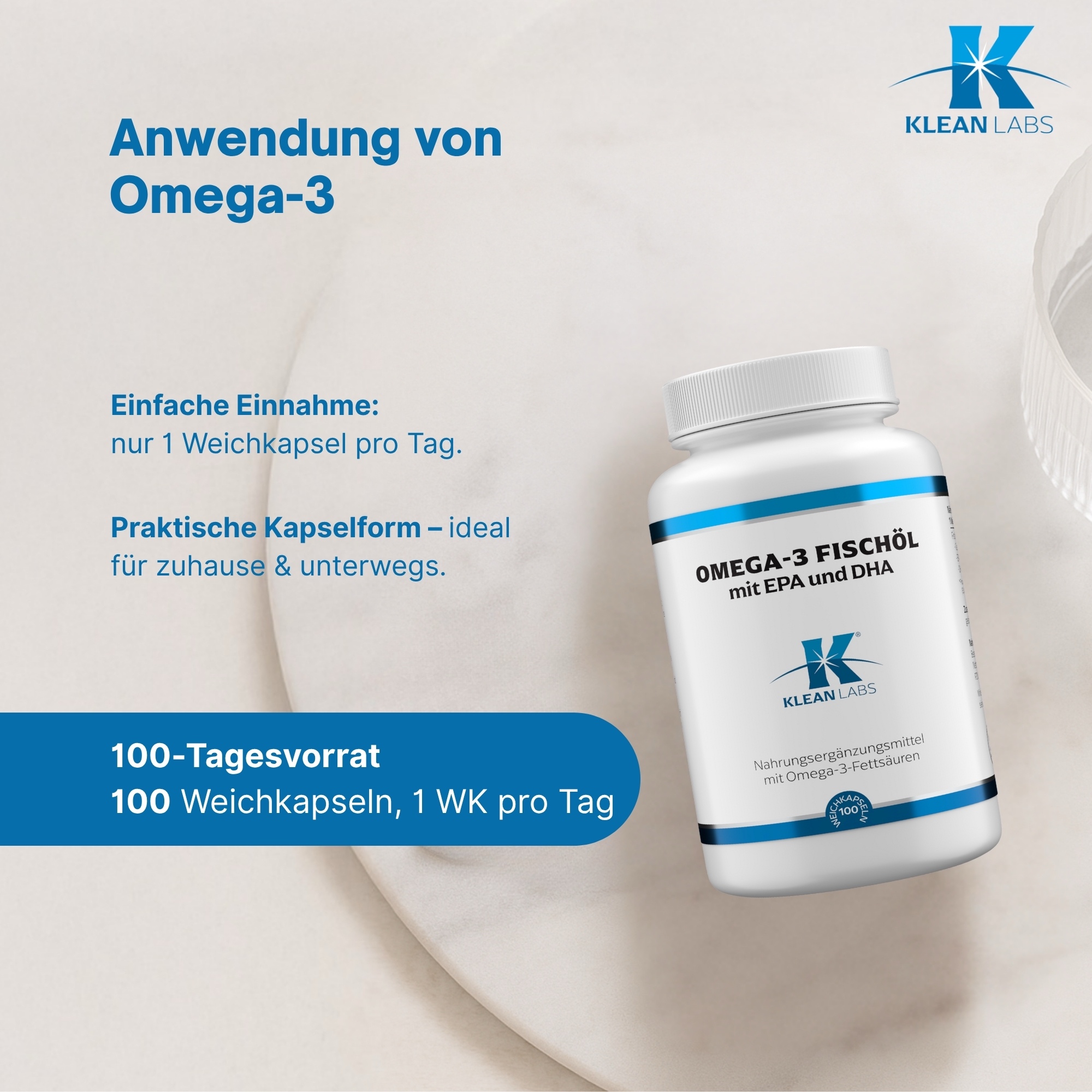 Produktfoto: Eine weiße Plastikflasche mit einem Schraubverschluss. Auf der Flasche ist ein Etikett mit Nährstoffangaben und Zutaten. Die Flasche enthält Fischölkapseln. Die Details auf dem Etikett umfassen die Menge an Omega-3-Fettsäuren, EPA und DHA. Die Flasche ist für 100 Weichkapseln ausgelegt und wiegt 170 g. Hergestellt von Supplementa B.V. in Winschoten, Niederlande.