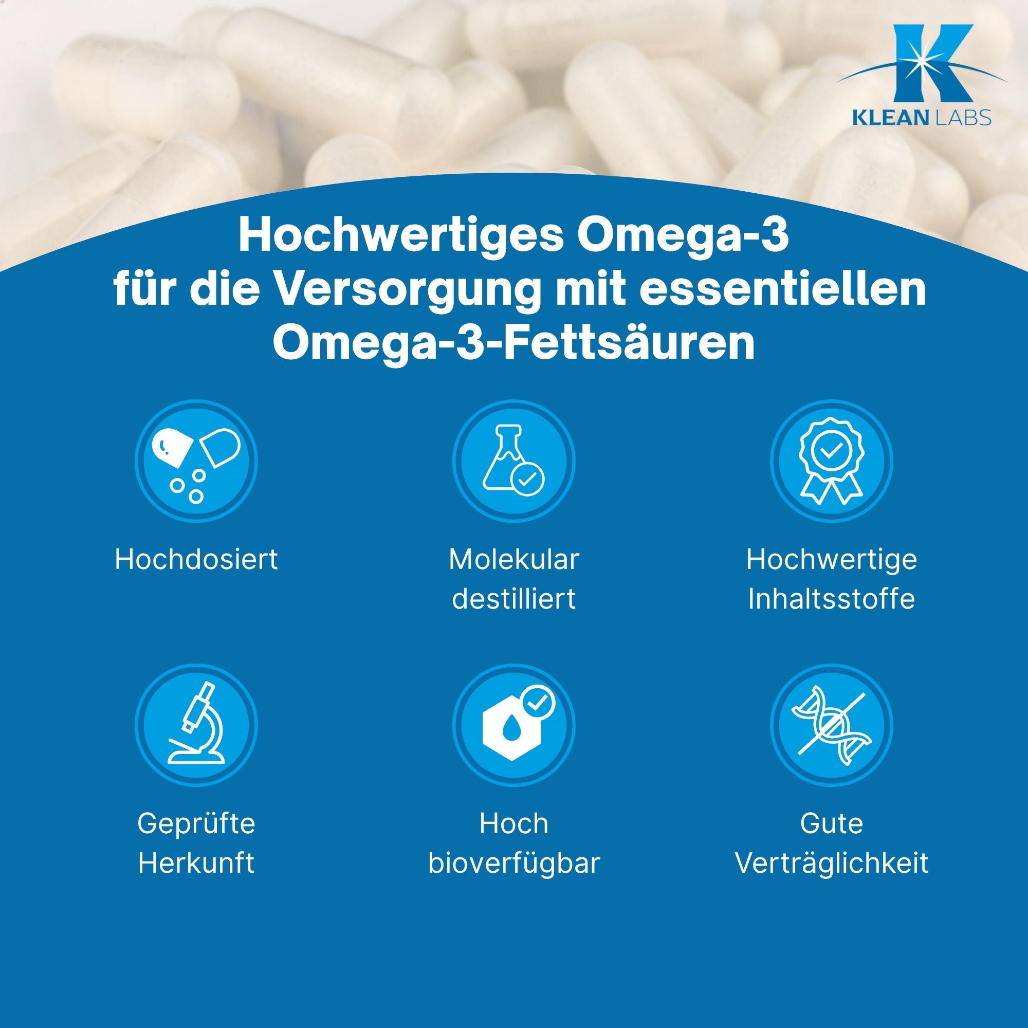 Produktfoto: Eine weiße Plastikflasche mit einem Schraubverschluss. Auf der Flasche ist ein Etikett mit Nährstoffangaben und Zutaten. Die Flasche enthält Fischölkapseln. Die Details auf dem Etikett umfassen die Menge an Omega-3-Fettsäuren, EPA und DHA. Die Flasche ist für 100 Weichkapseln ausgelegt und wiegt 170 g. Hergestellt von Supplementa B.V. in Winschoten, Niederlande.