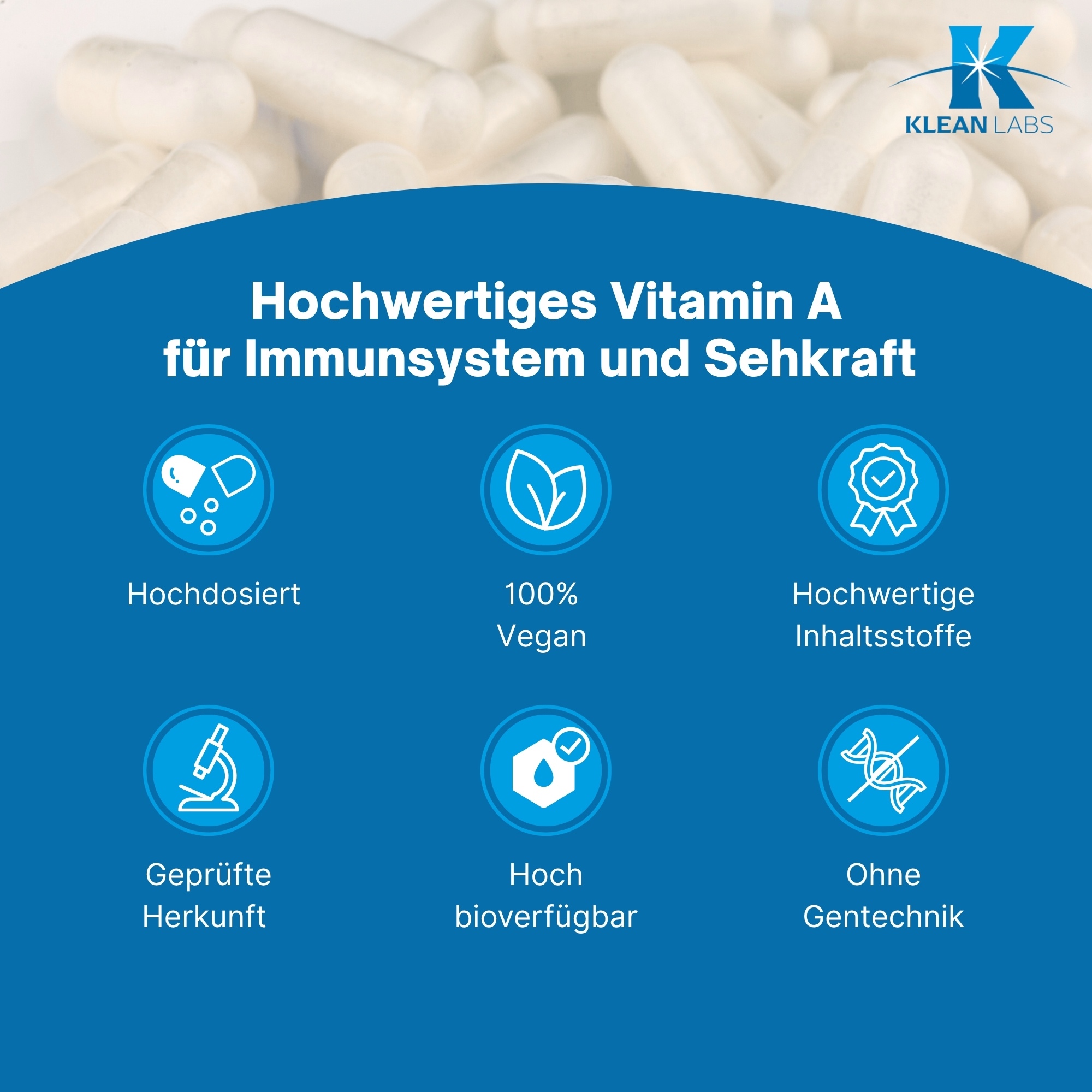 Produktfoto: Eine weiße Plastikflasche mit blauem Etikett, auf dem 'Vitamin A 4000 I.U.' und 'Klean Labs' steht. Die Flasche enthält Nahrungsergänzungsmittel mit Vitamin A. Im unteren Bereich des Etiketts steht '100 Kapseln'.