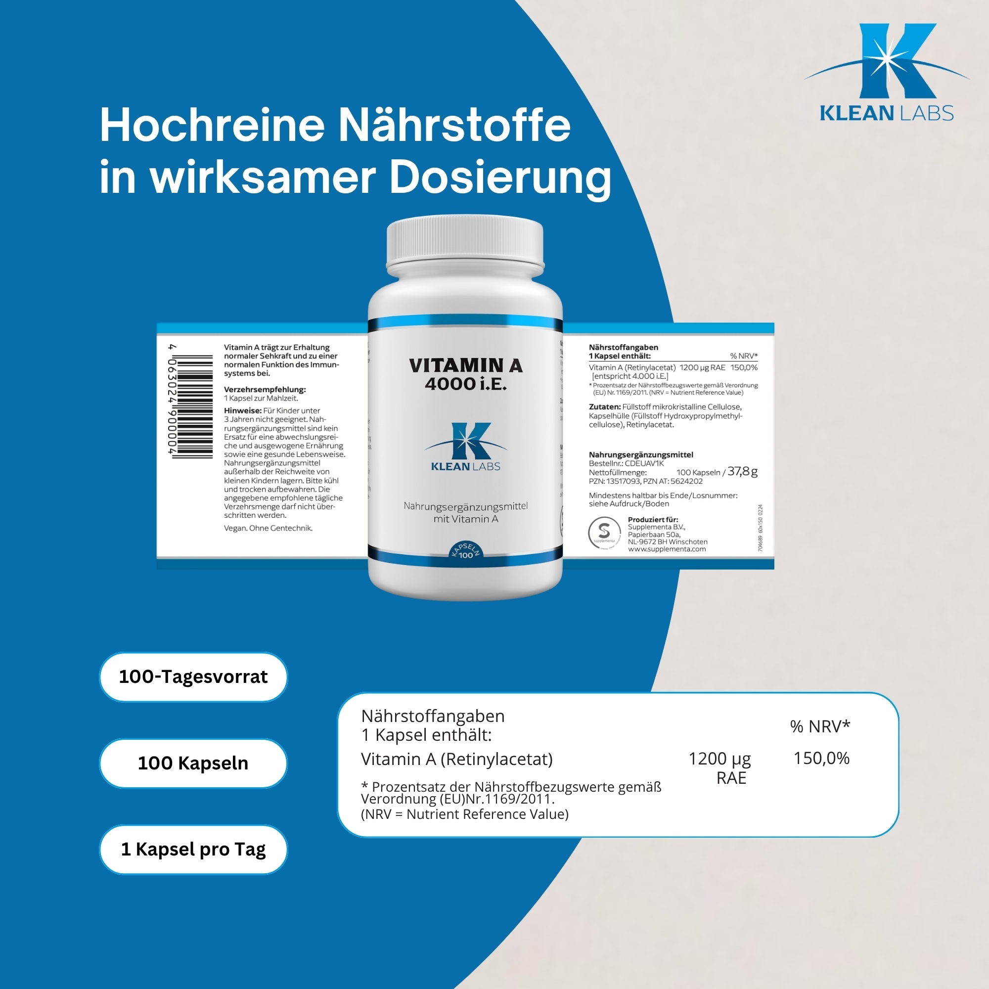 Produktfoto: Eine weiße Plastikflasche mit blauem Etikett, auf dem 'Vitamin A 4000 I.U.' und 'Klean Labs' steht. Die Flasche enthält Nahrungsergänzungsmittel mit Vitamin A. Im unteren Bereich des Etiketts steht '100 Kapseln'.