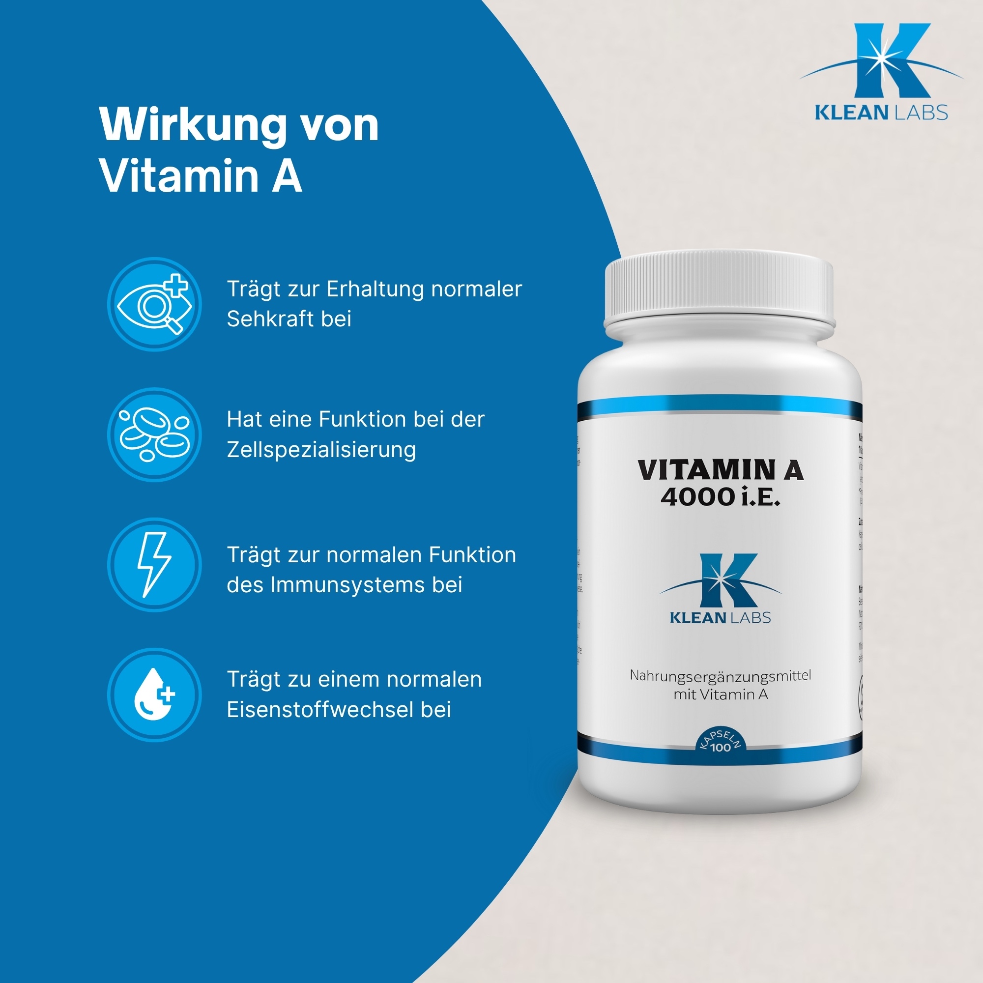 Produktfoto: Eine weiße Plastikflasche mit blauem Etikett, auf dem 'Vitamin A 4000 I.U.' und 'Klean Labs' steht. Die Flasche enthält Nahrungsergänzungsmittel mit Vitamin A. Im unteren Bereich des Etiketts steht '100 Kapseln'.