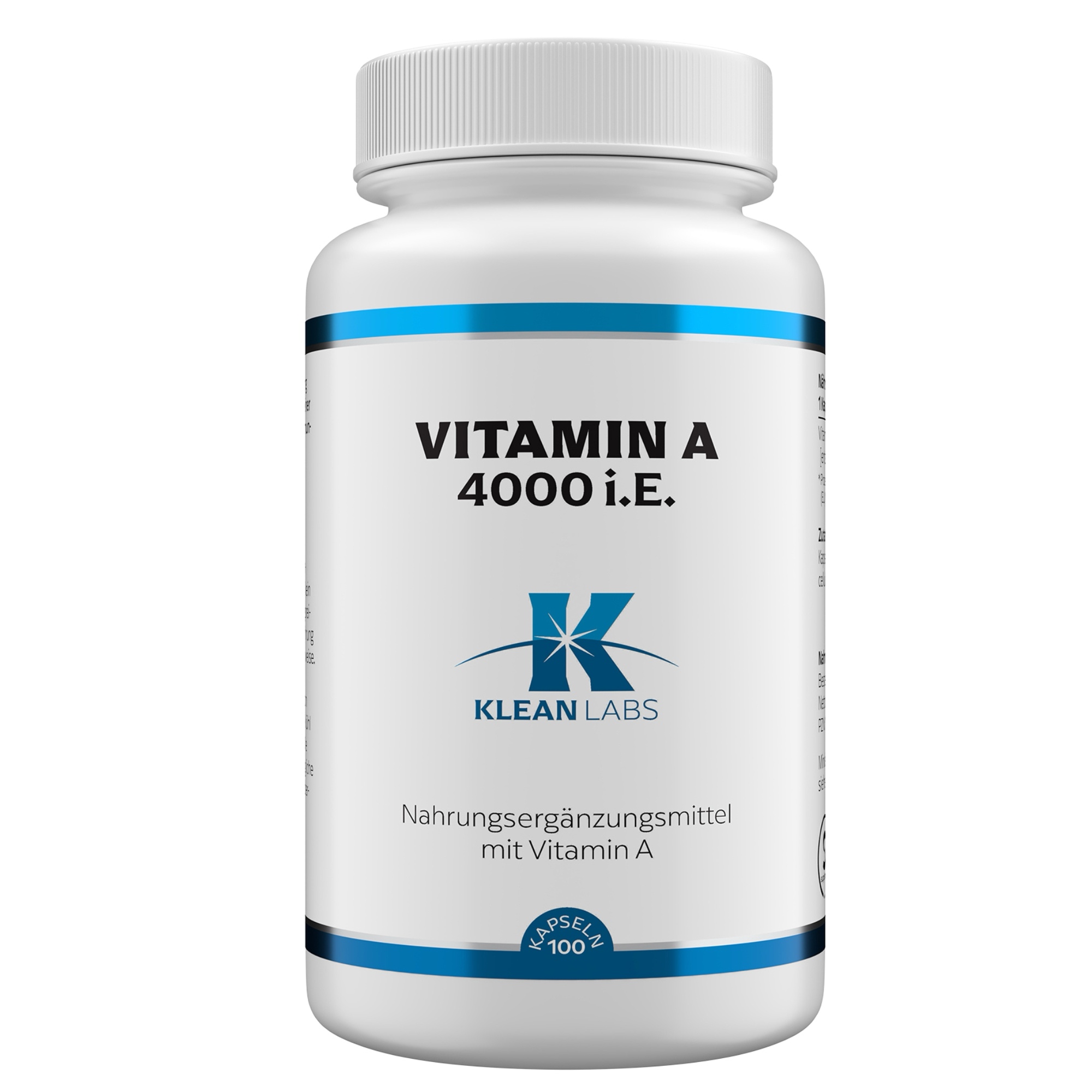 Produktfoto: Eine weiße Plastikflasche mit blauem Etikett, auf dem 'Vitamin A 4000 I.U.' und 'Klean Labs' steht. Die Flasche enthält Nahrungsergänzungsmittel mit Vitamin A. Im unteren Bereich des Etiketts steht '100 Kapseln'.