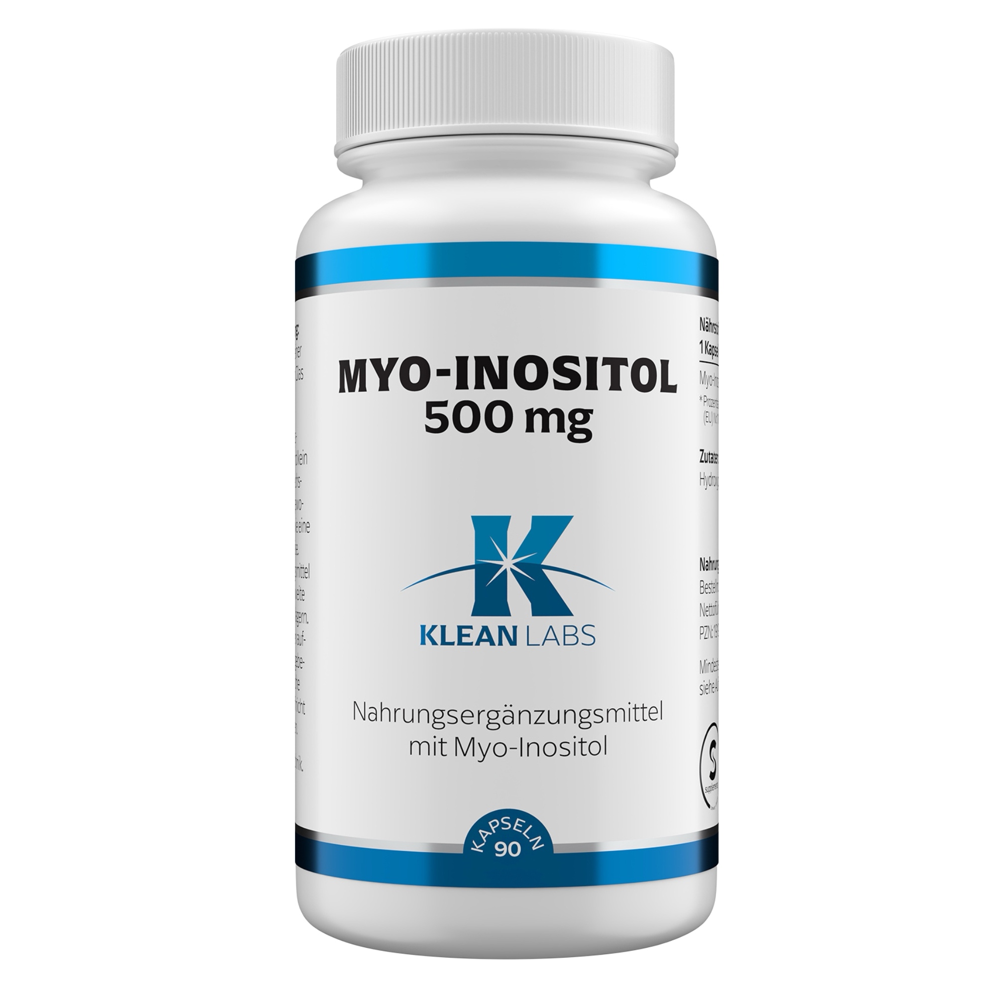 Produktfoto: Eine weiße Plastikflasche mit blauem Etikett, auf dem “MYO-INOSITOL 500 mg“ steht. Darunter das Logo “KLEAN LABS“. Die Flasche enthält Nahrungsergänzungsmittel.