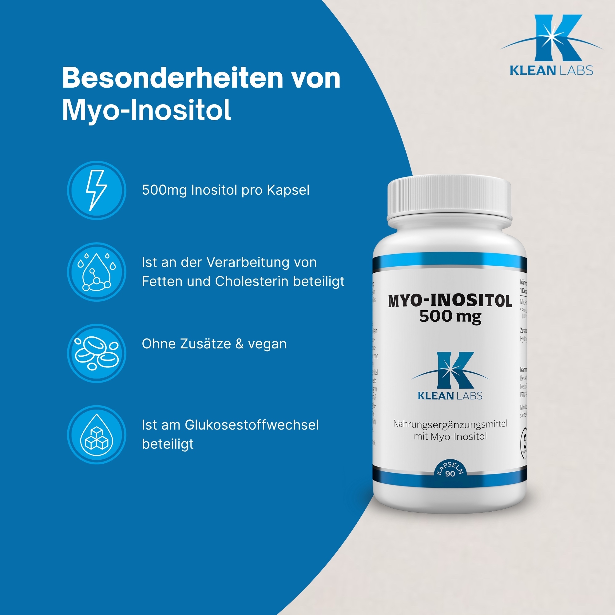 Produktfoto: Eine weiße Plastikflasche mit blauem Etikett, auf dem “MYO-INOSITOL 500 mg“ steht. Darunter das Logo “KLEAN LABS“. Die Flasche enthält Nahrungsergänzungsmittel.