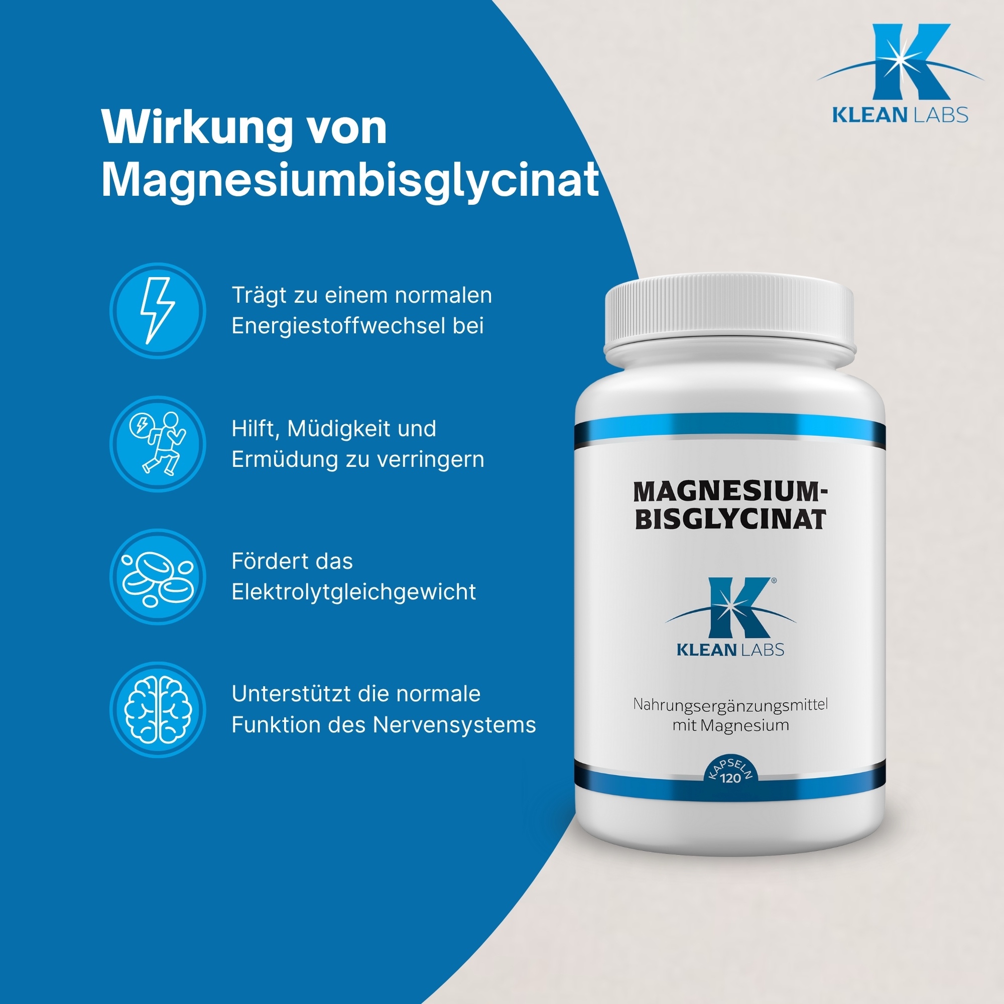 Produktfoto: Eine weiße Kunststoffflasche mit blauem Etikett, auf dem “MAGNESIUM-BISGLYCINAT“ und “KLEAN LABS“ steht. Die Flasche enthält 120 Kapseln eines Nahrungsergänzungsmittels mit Magnesium.