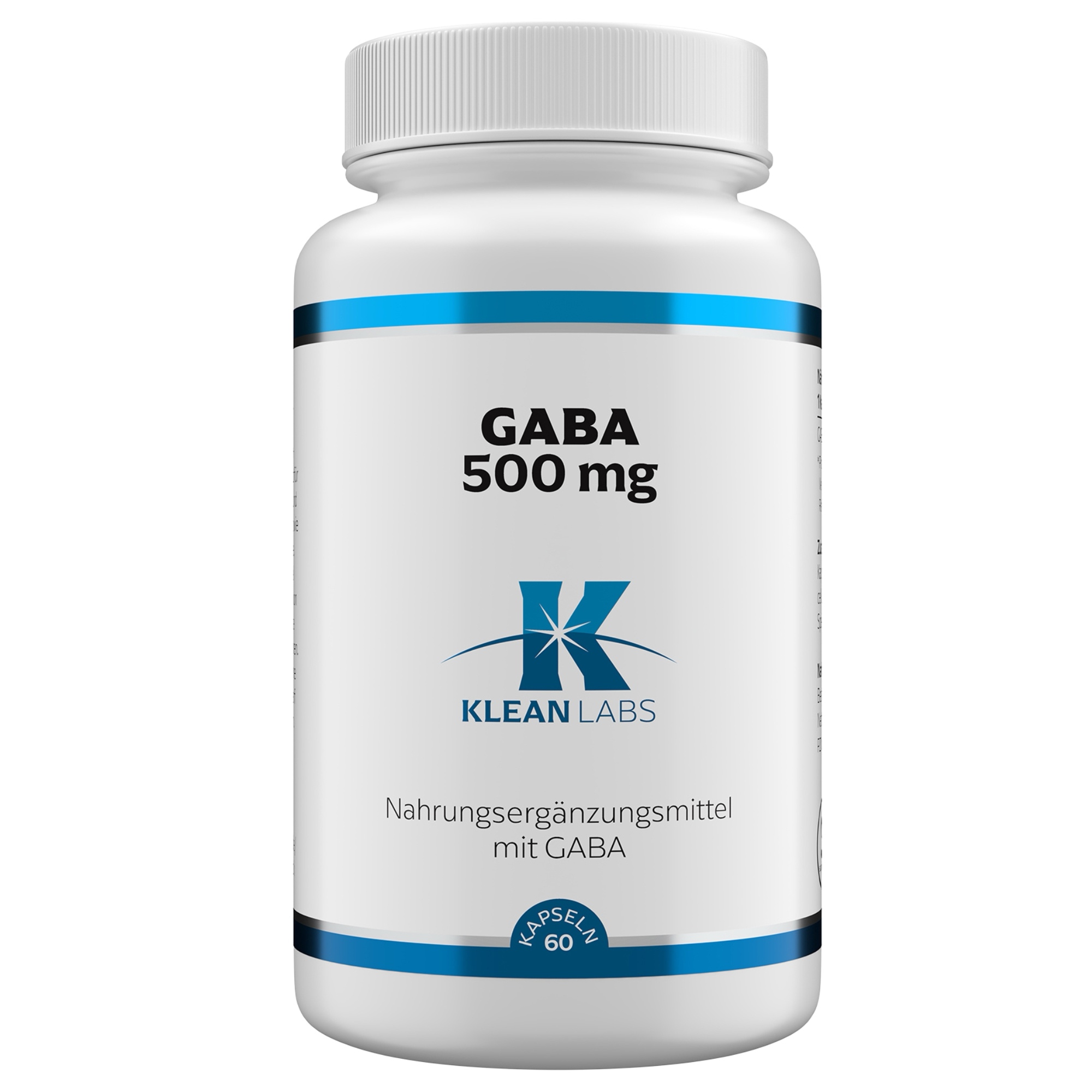 Produktfoto: Eine weiße Flasche mit blauem Etikett, auf dem 'GABA 500 mg' steht. Darunter das Logo von Klean Labs. Die Flasche enthält Nahrungsergänzungsmittel mit GABA.