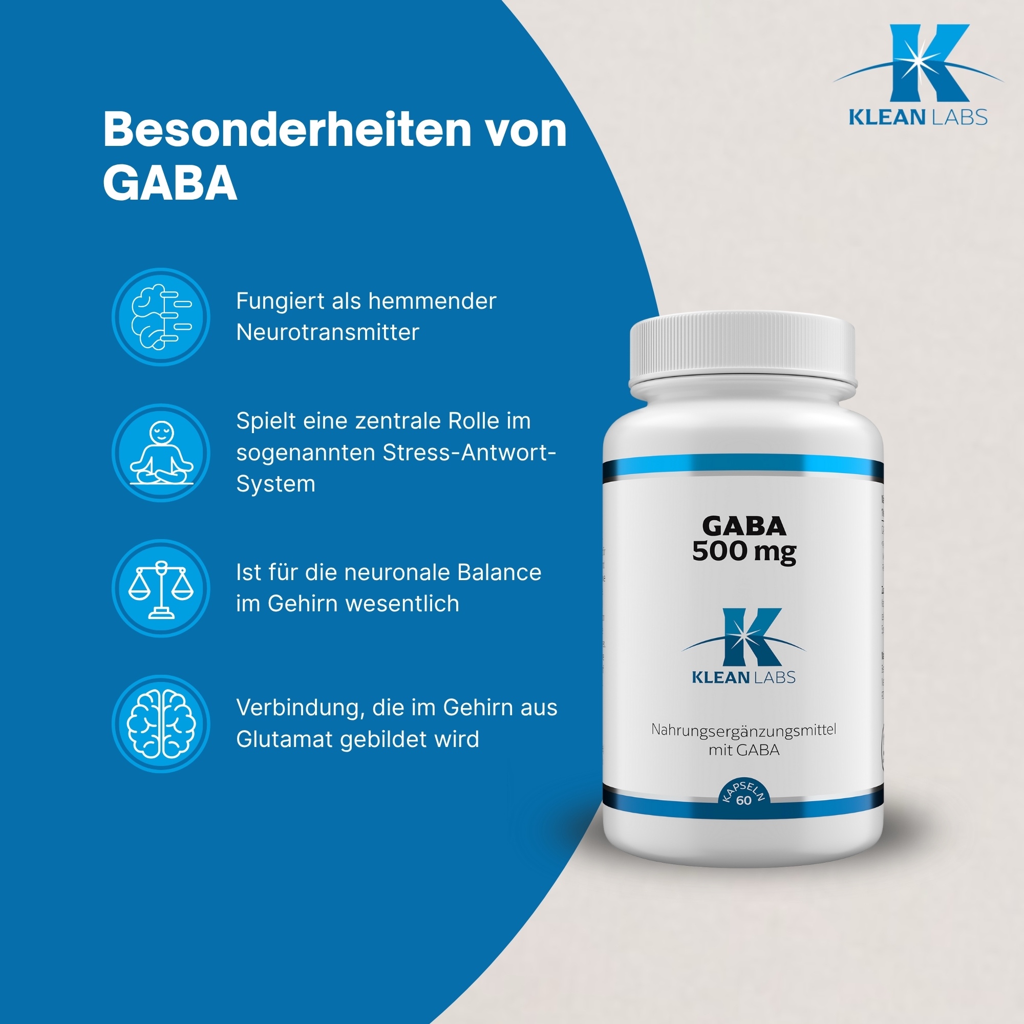 Produktfoto: Eine weiße Flasche mit blauem Etikett, auf dem 'GABA 500 mg' steht. Darunter das Logo von Klean Labs. Die Flasche enthält Nahrungsergänzungsmittel mit GABA.