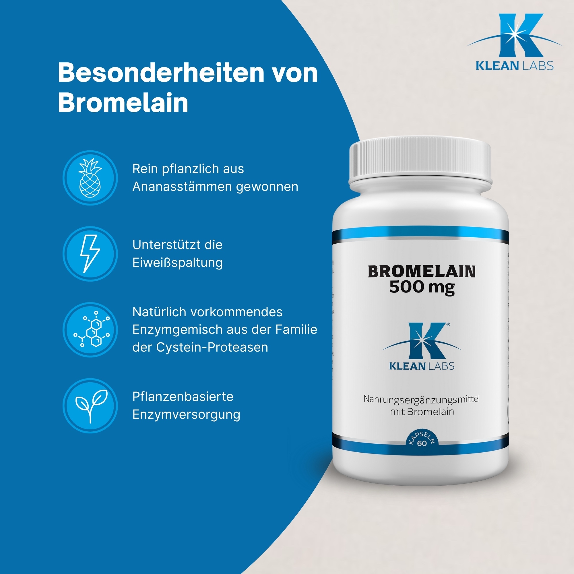 Produktfoto: Eine weiße Plastikflasche mit einem blauen Etikett und der Aufschrift “Bromelain 500 mg“ von Klean Labs. Die Flasche enthält Nahrungsergänzungsmittel mit Bromelain. Das Etikett zeigt das Logo von Klean Labs, einen blauen Buchstaben K mit einem stilisierten Stern. Die Flasche hat einen weißen Schraubverschluss und enthält 60 Kapseln.