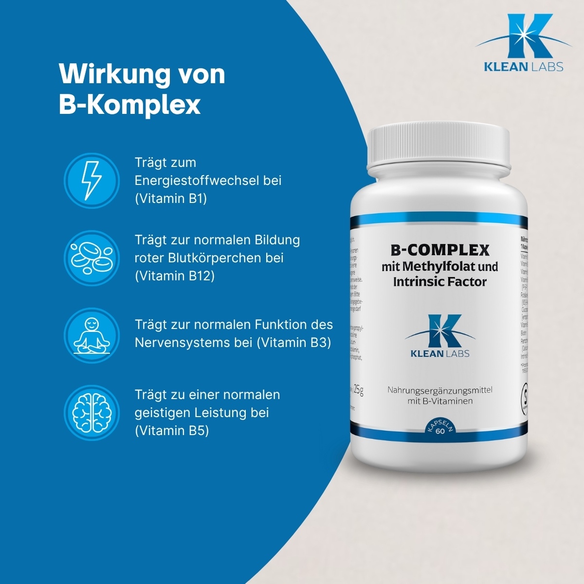 Produktfoto: Eine weiße Plastikflasche mit einem blauen Etikett. Auf dem Etikett steht “B-COMPLEX mit Methylfolat und Intrinsic Factor“. Darunter ist das Logo von KLEAN LABS zu sehen. Die Flasche enthält Nahrungsergänzungsmittel mit B-Vitaminen.