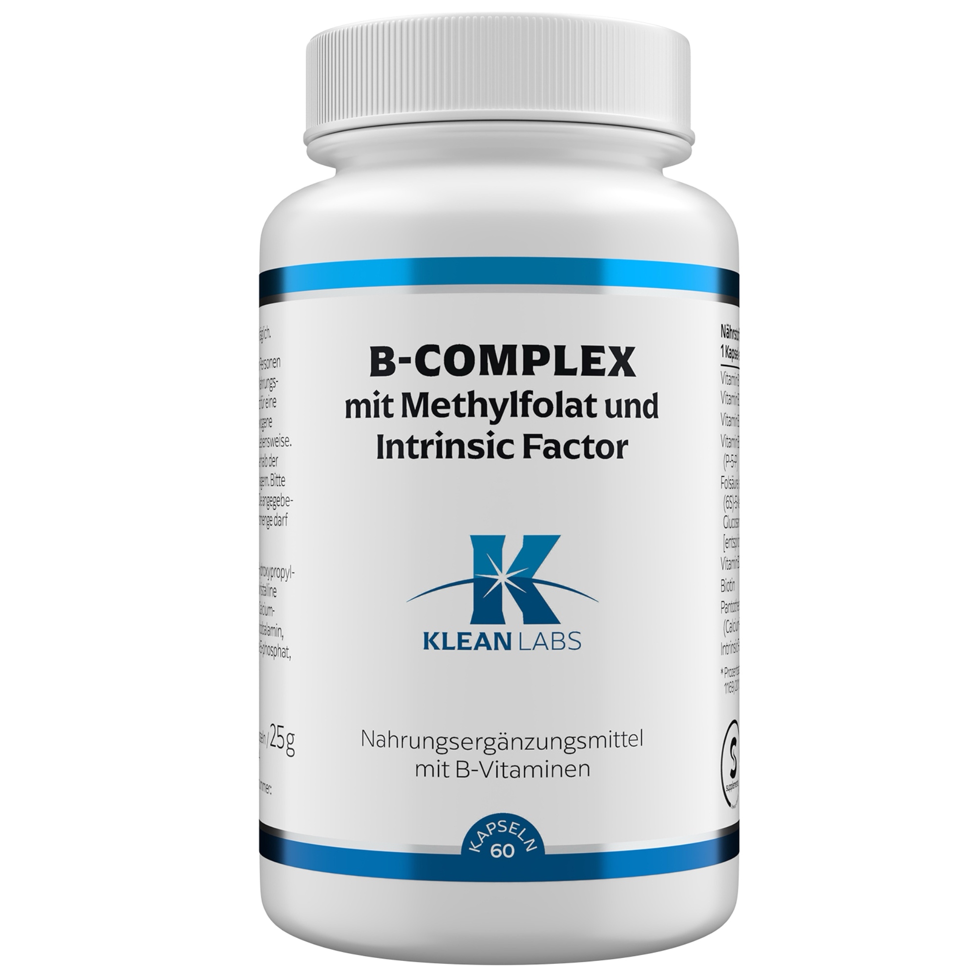 Produktfoto: Eine weiße Plastikflasche mit einem blauen Etikett. Auf dem Etikett steht “B-COMPLEX mit Methylfolat und Intrinsic Factor“. Darunter ist das Logo von KLEAN LABS zu sehen. Die Flasche enthält Nahrungsergänzungsmittel mit B-Vitaminen.