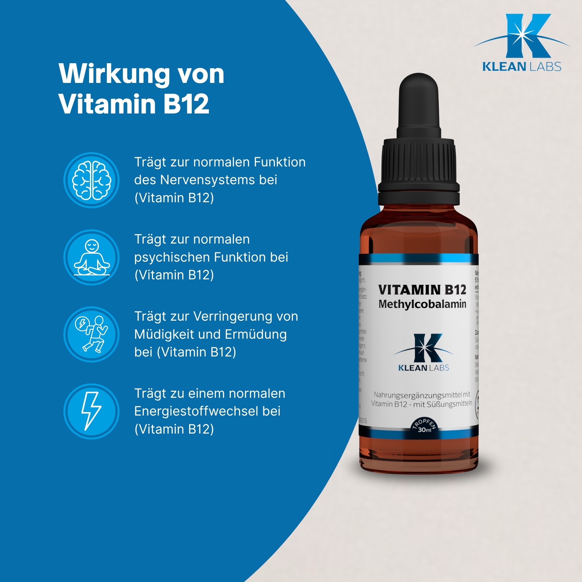 Produktfoto: Das Bild zeigt eine braune Glasflasche mit Pipette, die ein Nahrungsergänzungsmittel enthält. Die Vorderseite der Flasche hat ein Etikett mit Informationen zu Vitamin B12, einschließlich Dosierung und Inhaltsstoffen. Die Flasche steht aufrecht vor einem weißen Hintergrund.