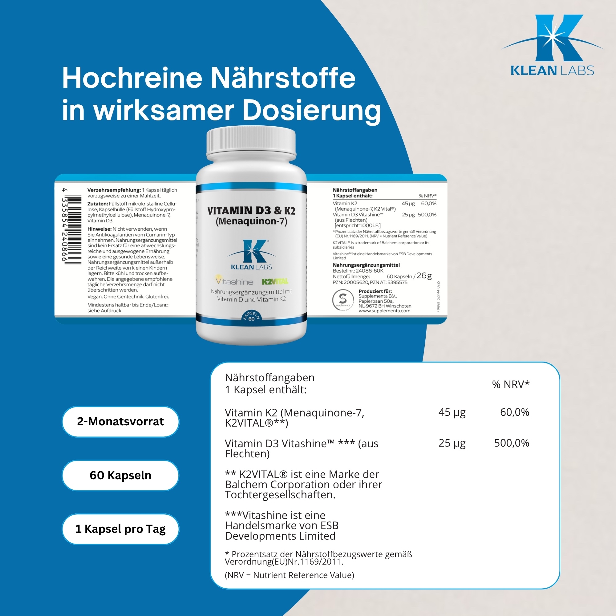 Produktfoto: Vitamin D3 & K2 Menaquinon 7