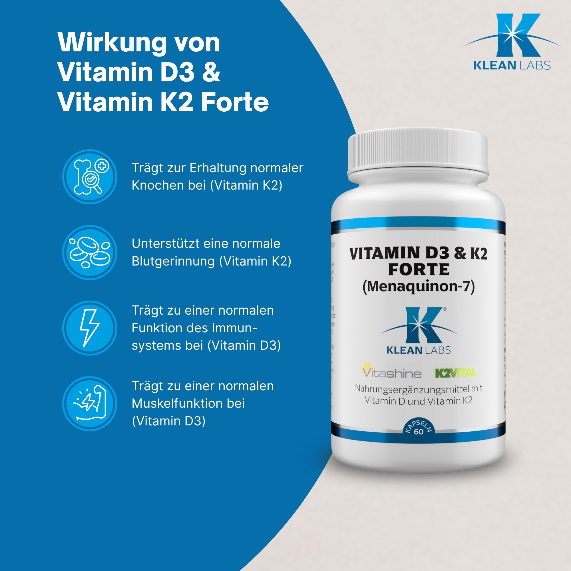 Produktfoto: Etikett einer Vitaminflasche mit Verzehrempfehlung, Zutaten und Hinweisen. Zutaten: Cellulose, Hydroxypropylmethylcellulose, Menaquinone-7, Vitamin D3.