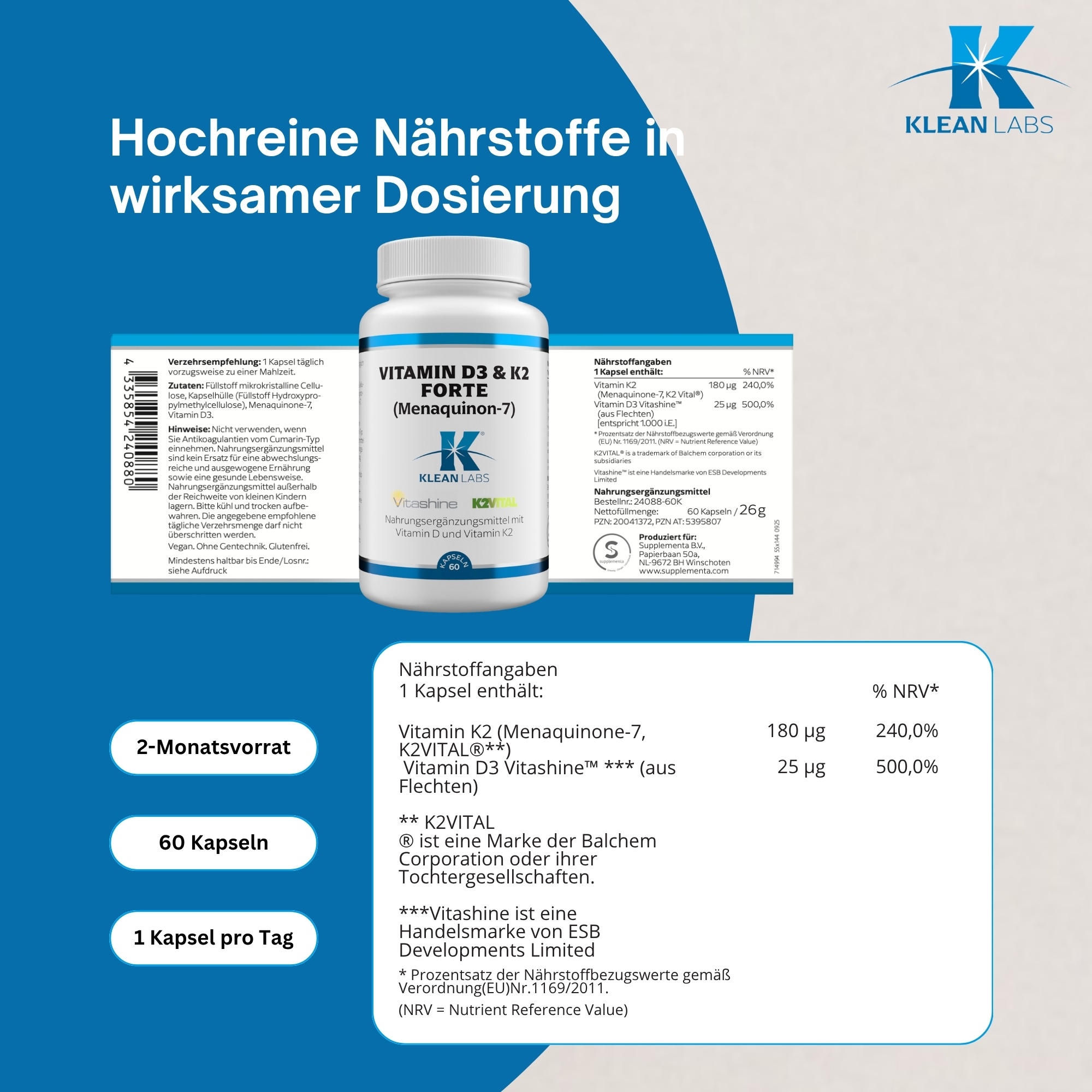 Produktfoto: Etikett einer Vitaminflasche mit Verzehrempfehlung, Zutaten und Hinweisen. Zutaten: Cellulose, Hydroxypropylmethylcellulose, Menaquinone-7, Vitamin D3.