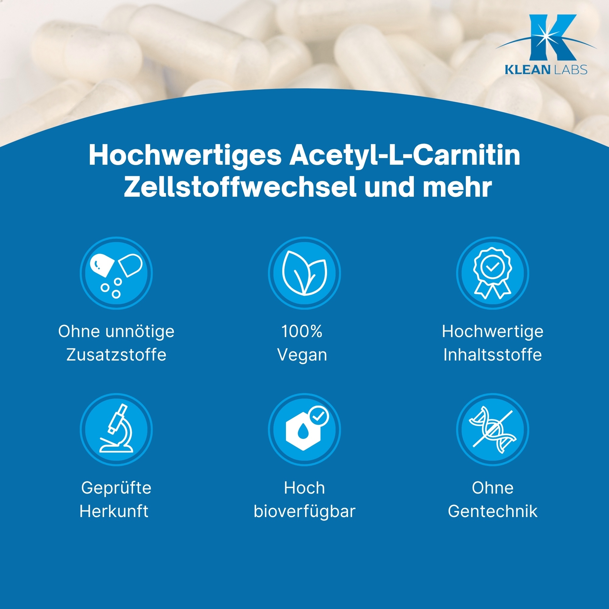 Produktfoto: Eine weiße Flasche mit der Aufschrift 'Acetyl-L-Carnitin HCI 500 mg' von Klean Labs steht auf einer weißen Oberfläche. Links sind Symbole für glutenfrei, vegan, ohne Gentechnik und laborgeprüft. Rechts ist ein grünes Blatt zu sehen.