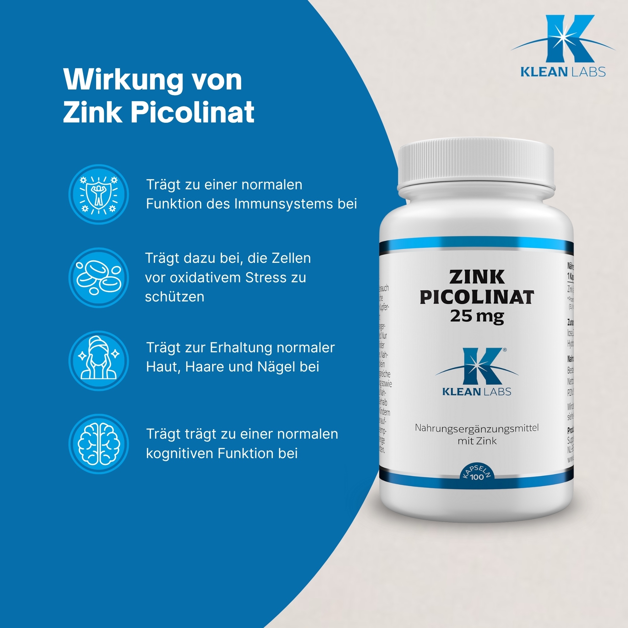 Produktfoto: Das Bild zeigt eine weiße Plastikflasche mit einem blauen Etikett. Auf dem Etikett sind Verzehrempfehlungen und Hinweise aufgedruckt. Die Flasche enthält Nahrungsergänzungsmittel in Kapselform. Der Hintergrund ist weiß.