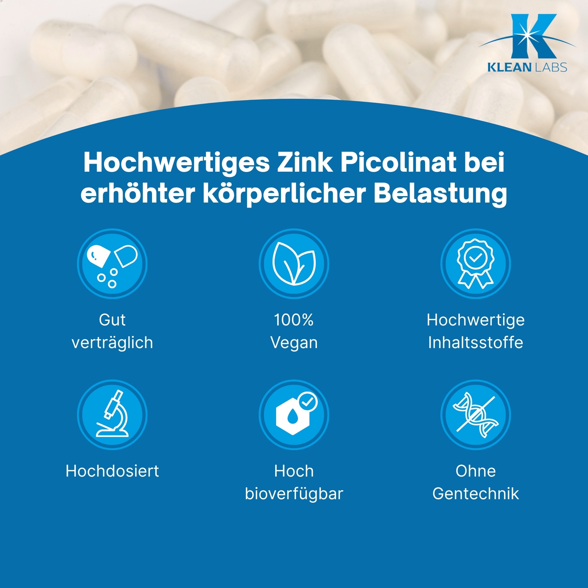 Produktfoto: Das Bild zeigt eine weiße Plastikflasche mit einem blauen Etikett. Auf dem Etikett sind Verzehrempfehlungen und Hinweise aufgedruckt. Die Flasche enthält Nahrungsergänzungsmittel in Kapselform. Der Hintergrund ist weiß.