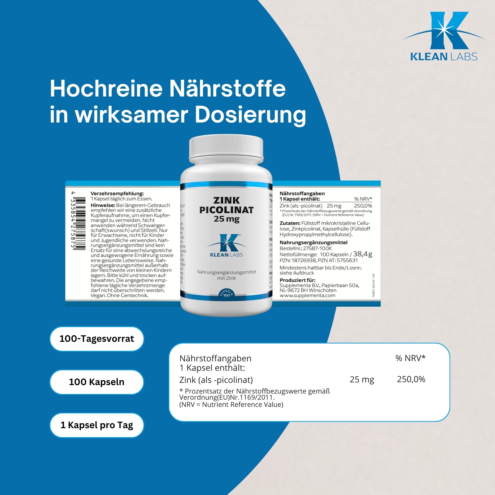Produktfoto: Das Bild zeigt eine weiße Plastikflasche mit einem blauen Etikett. Auf dem Etikett sind Verzehrempfehlungen und Hinweise aufgedruckt. Die Flasche enthält Nahrungsergänzungsmittel in Kapselform. Der Hintergrund ist weiß.