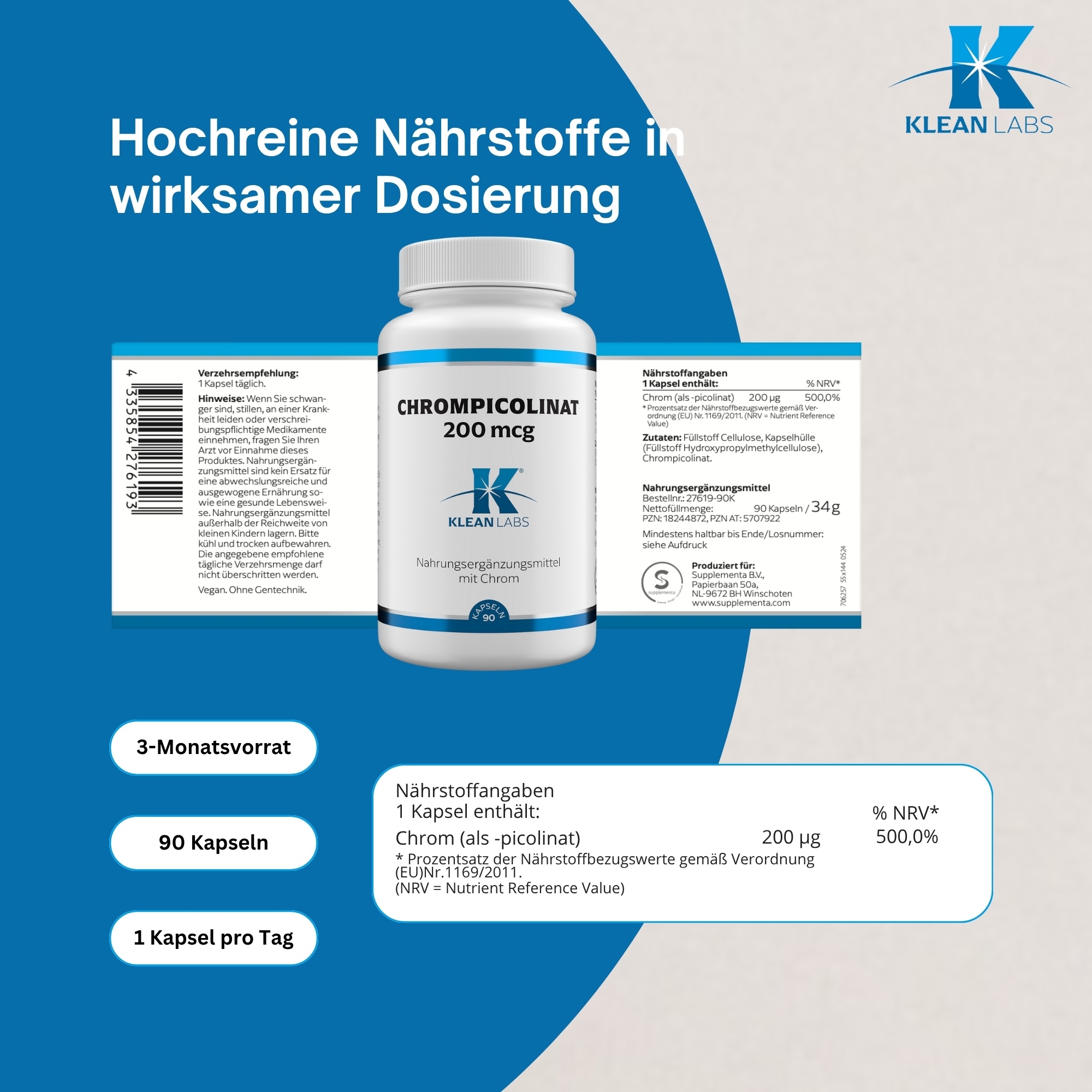 Produktfoto: Eine weiße Plastikflasche mit blauer Etikettierung. Auf dem Etikett sind Nährstoffangaben, Zutaten und Herstellerinformationen aufgedruckt. Die Flasche enthält 90 Kapseln eines Nahrungsergänzungsmittels mit Chrom als Picolinat. Es sind auch Informationen zur Haltbarkeit und zur Bestellnummer vorhanden.