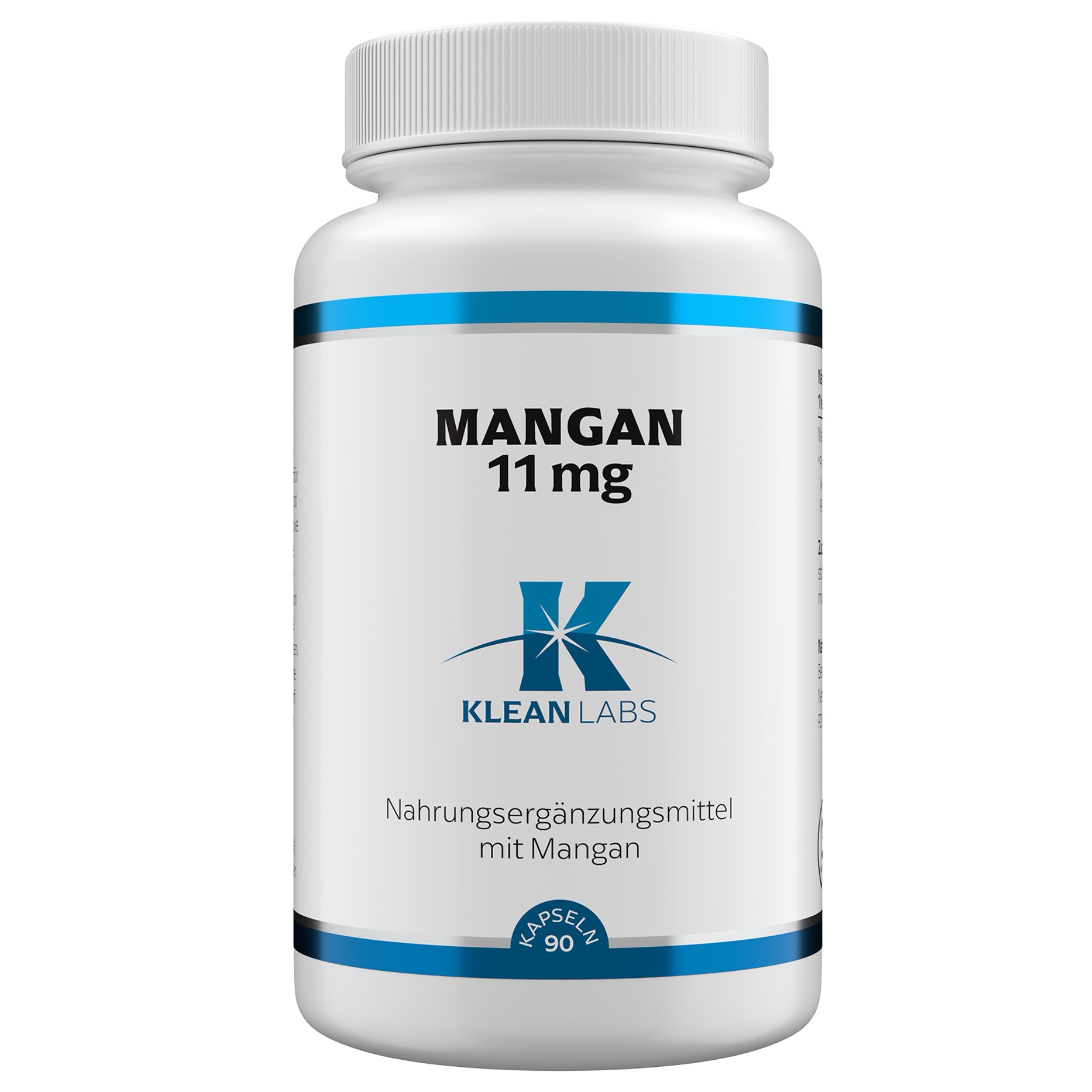 Produktfoto: Auf dem Bild ist eine weiße Plastikflasche mit einem blauen Etikett zu sehen. Auf dem Etikett steht “MANGAN 11 mg“ und “KLEAN LABS“. Es handelt sich um ein Nahrungsergänzungsmittel mit Mangan. Die Flasche hat einen weißen Schraubverschluss.