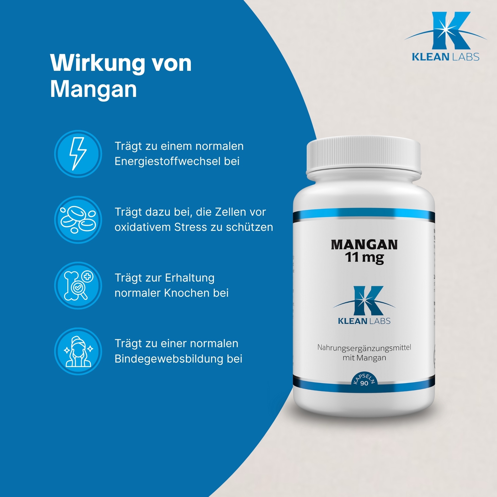 Produktfoto: Auf dem Bild ist eine weiße Plastikflasche mit einem blauen Etikett zu sehen. Auf dem Etikett steht “MANGAN 11 mg“ und “KLEAN LABS“. Es handelt sich um ein Nahrungsergänzungsmittel mit Mangan. Die Flasche hat einen weißen Schraubverschluss.