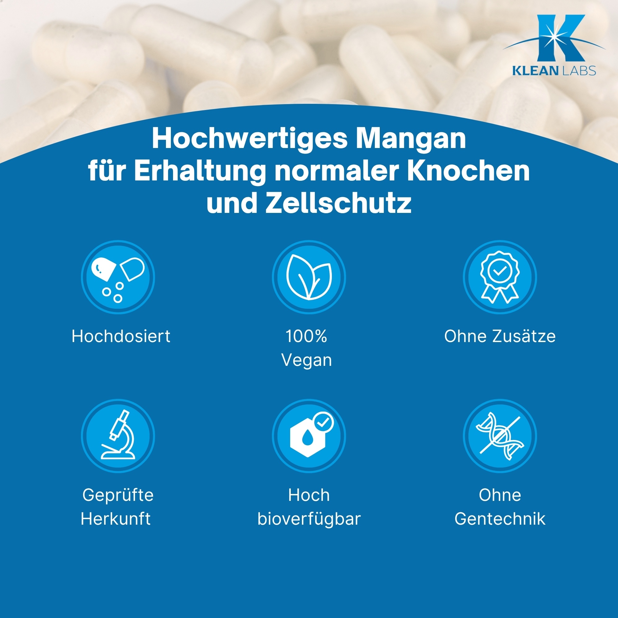 Produktfoto: Auf dem Bild ist eine weiße Plastikflasche mit einem blauen Etikett zu sehen. Auf dem Etikett steht “MANGAN 11 mg“ und “KLEAN LABS“. Es handelt sich um ein Nahrungsergänzungsmittel mit Mangan. Die Flasche hat einen weißen Schraubverschluss.