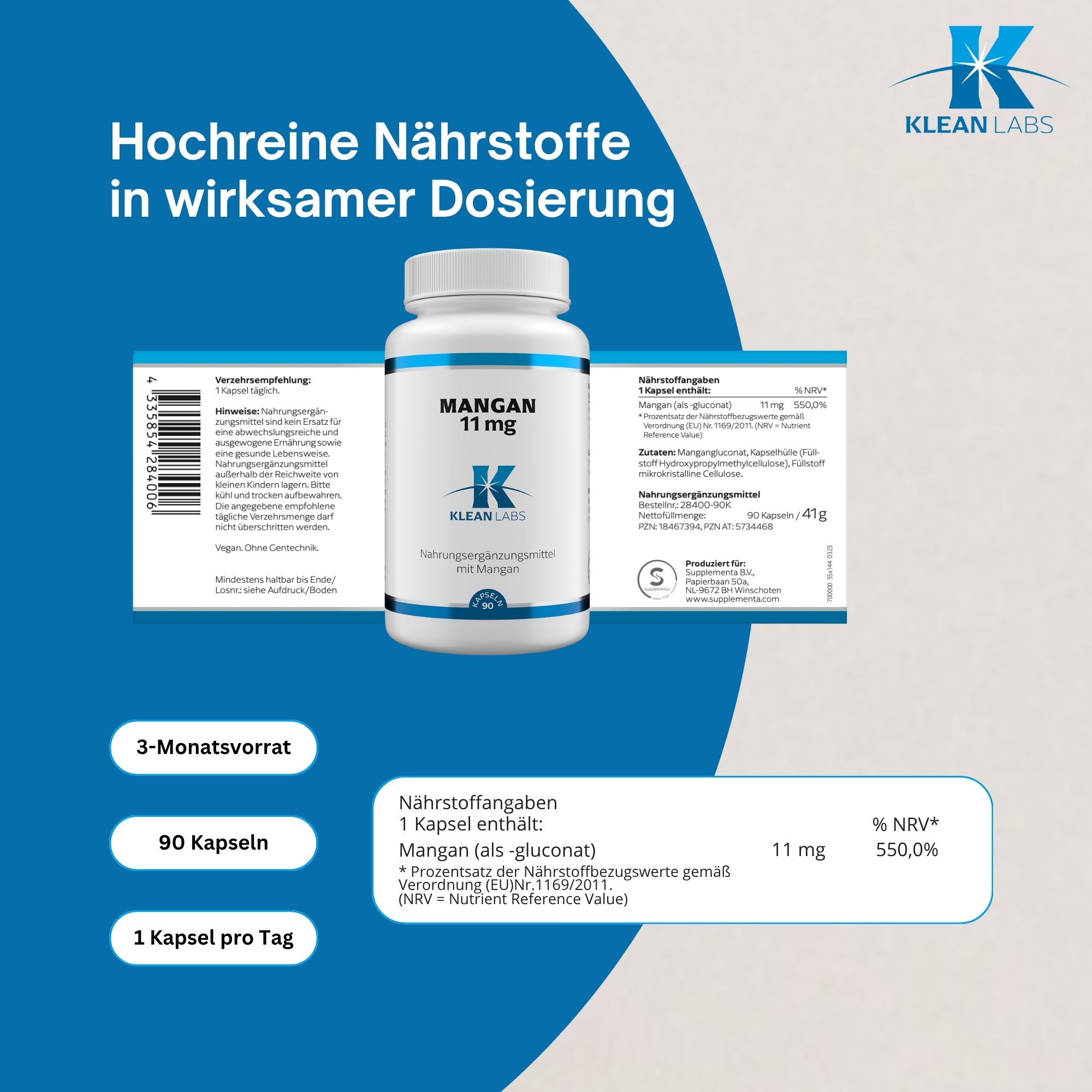 Produktfoto: Auf dem Bild ist eine weiße Plastikflasche mit einem blauen Etikett zu sehen. Auf dem Etikett steht “MANGAN 11 mg“ und “KLEAN LABS“. Es handelt sich um ein Nahrungsergänzungsmittel mit Mangan. Die Flasche hat einen weißen Schraubverschluss.