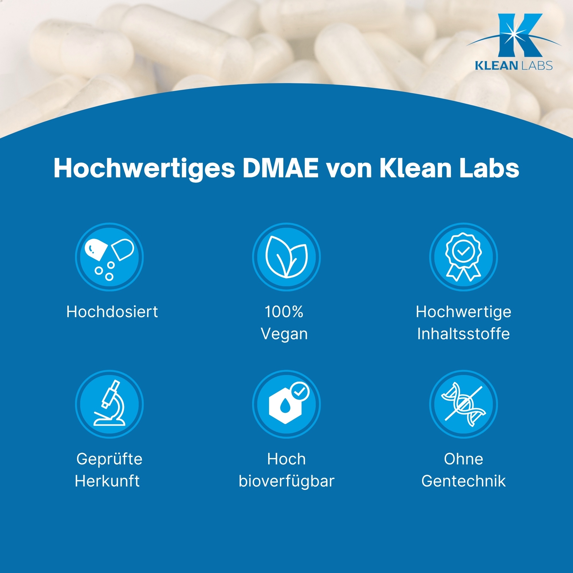 Produktfoto: Eine weiße Flasche mit einem blauen Etikett, das Nährstoffangaben und Zutaten für ein Nahrungsergänzungsmittel enthält. Auf dem Etikett steht “DMAE 150 mg“ und die Inhaltsstoffe sind Dimethylaminoethanol-Bitartrat, mikrokristalline Cellulose und Hydroxypropylmethylcellulose. Das Etikett enthält auch Bestellnummer, Nettogewicht und PZN-Nummern. Hergestellt von Supplementa B.V. in Winschoten, Niederlande.