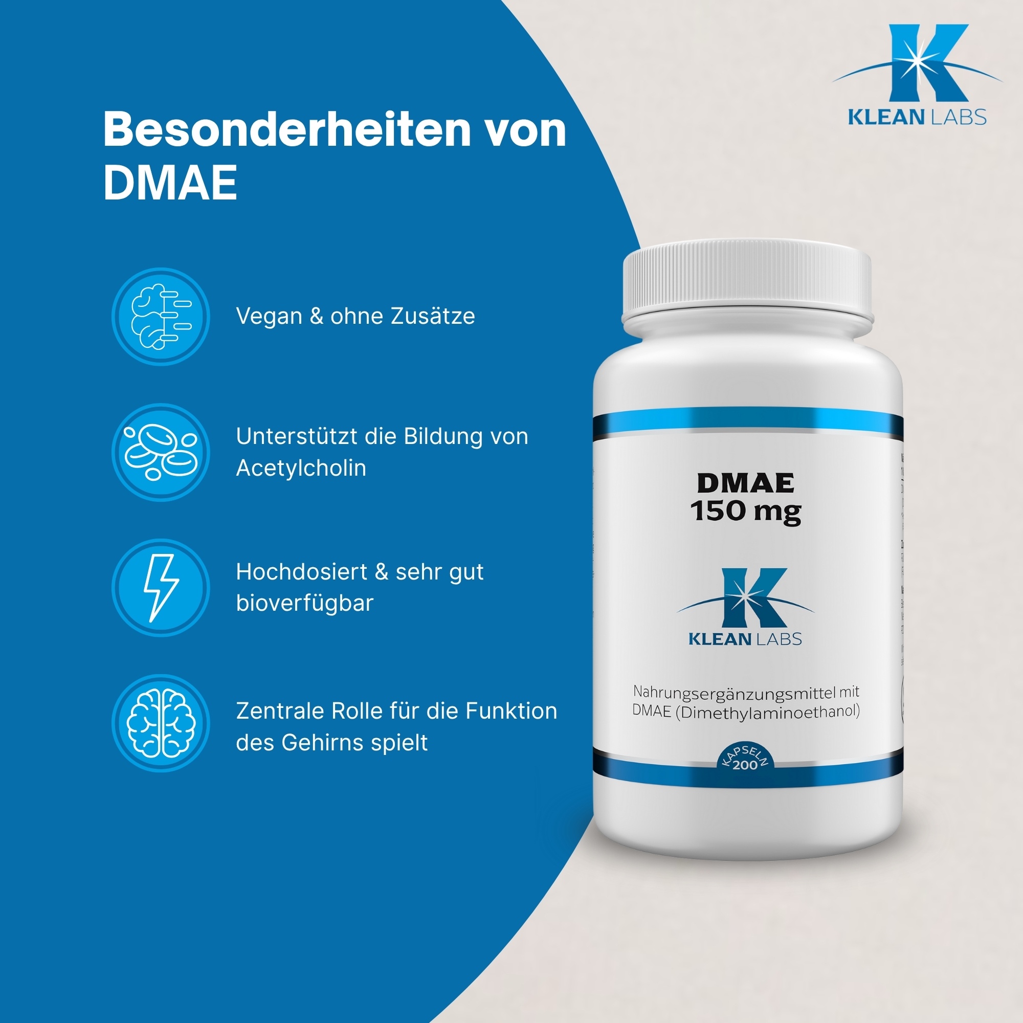 Produktfoto: Eine weiße Flasche mit einem blauen Etikett, das Nährstoffangaben und Zutaten für ein Nahrungsergänzungsmittel enthält. Auf dem Etikett steht “DMAE 150 mg“ und die Inhaltsstoffe sind Dimethylaminoethanol-Bitartrat, mikrokristalline Cellulose und Hydroxypropylmethylcellulose. Das Etikett enthält auch Bestellnummer, Nettogewicht und PZN-Nummern. Hergestellt von Supplementa B.V. in Winschoten, Niederlande.